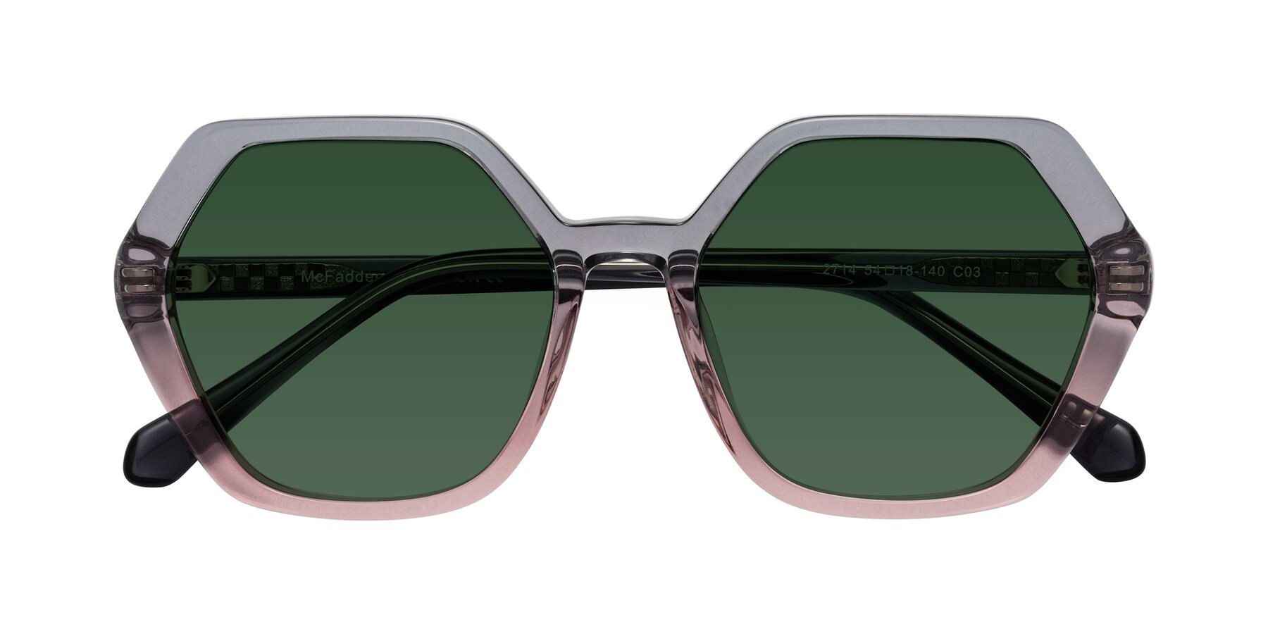 Folded Front of McFadden in Clear Gray/Clear Pink with Green Tinted Lenses
