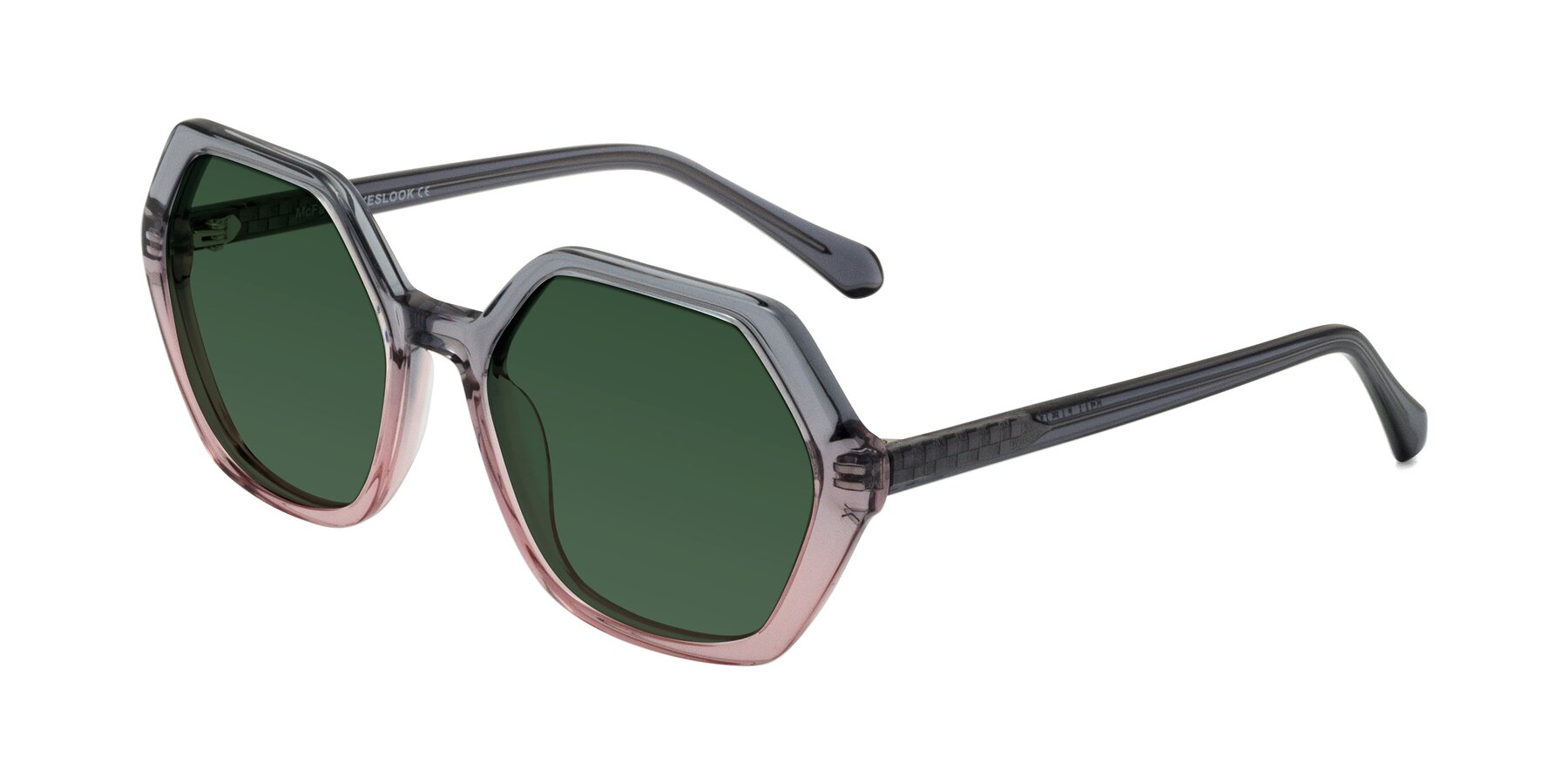 Angle of McFadden in Clear Gray/Clear Pink with Green Tinted Lenses