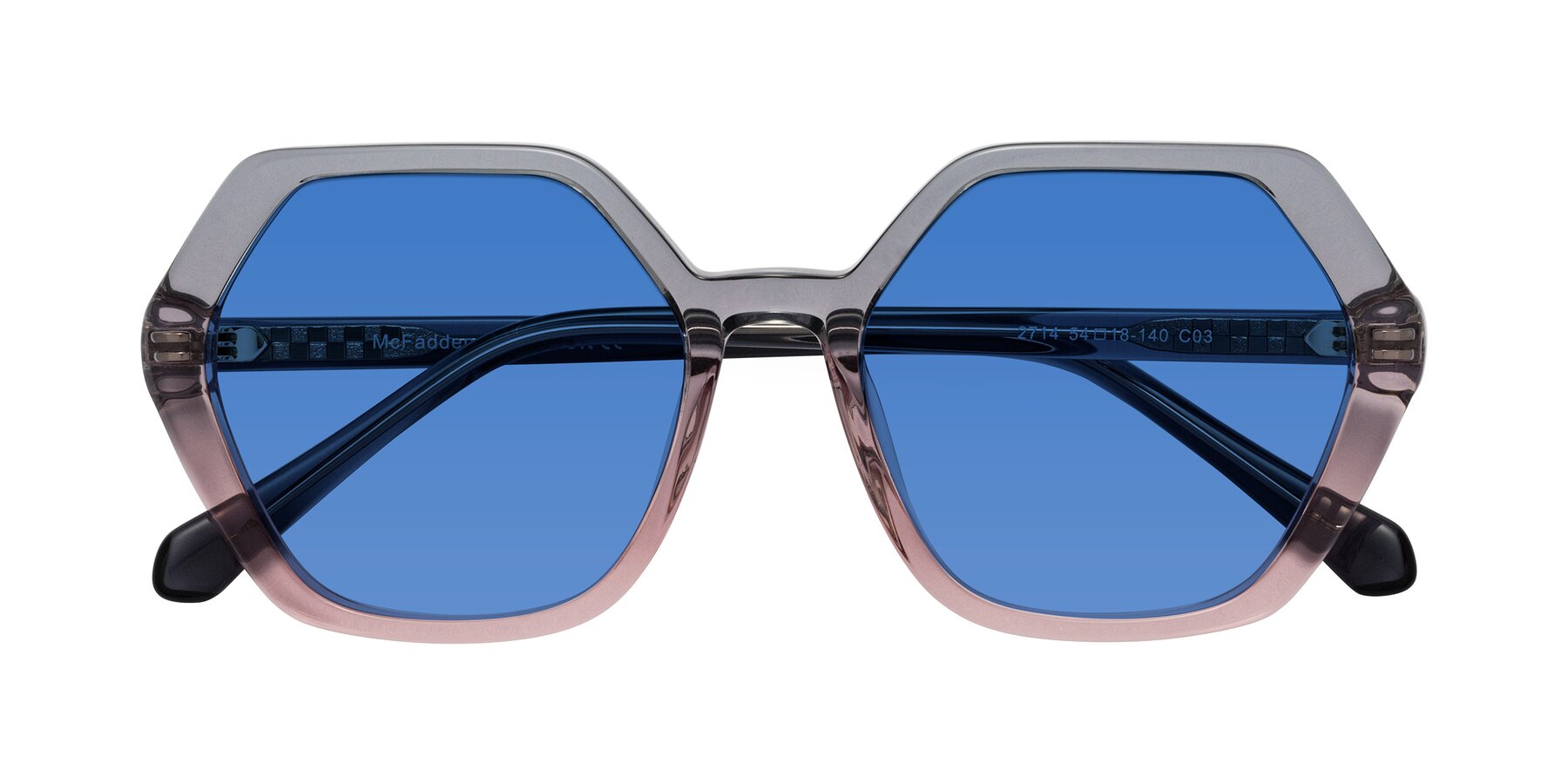 Folded Front of McFadden in Clear Gray/Clear Pink with Blue Tinted Lenses