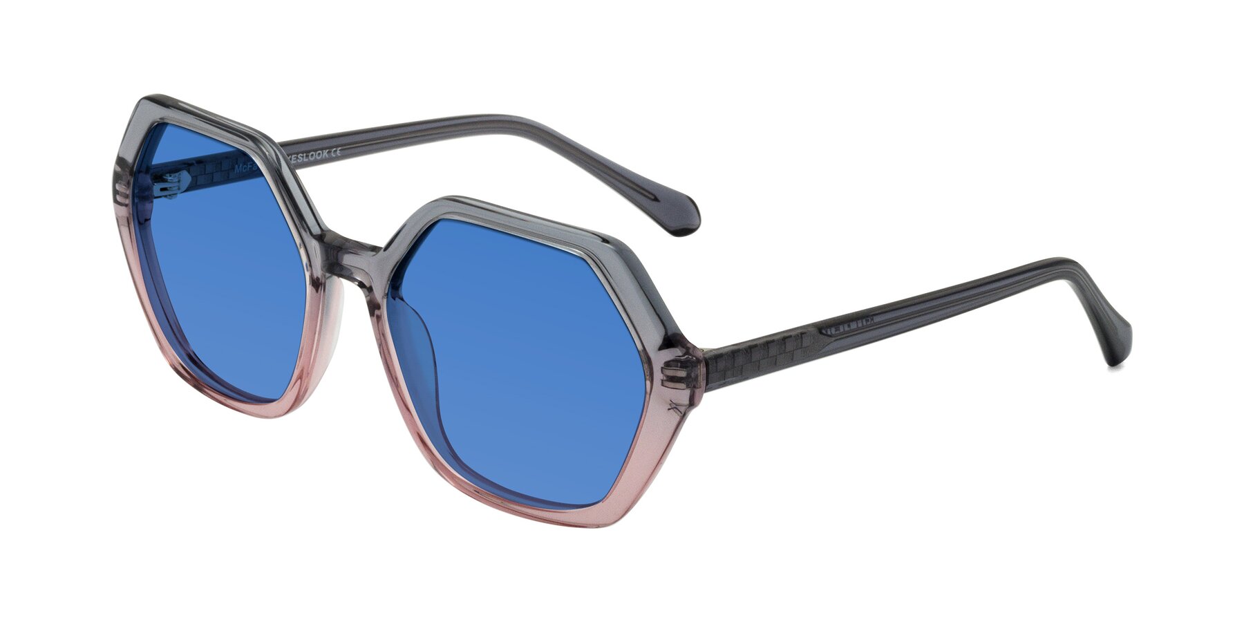Angle of McFadden in Clear Gray/Clear Pink with Blue Tinted Lenses