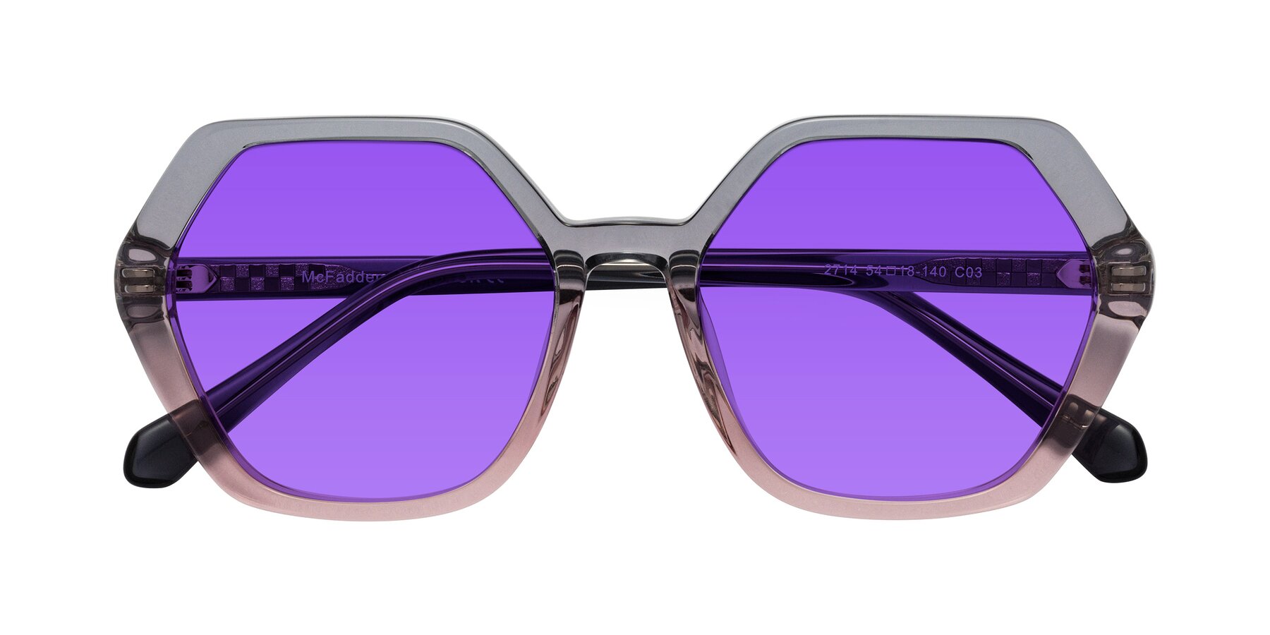 Folded Front of McFadden in Clear Gray/Clear Pink with Purple Tinted Lenses