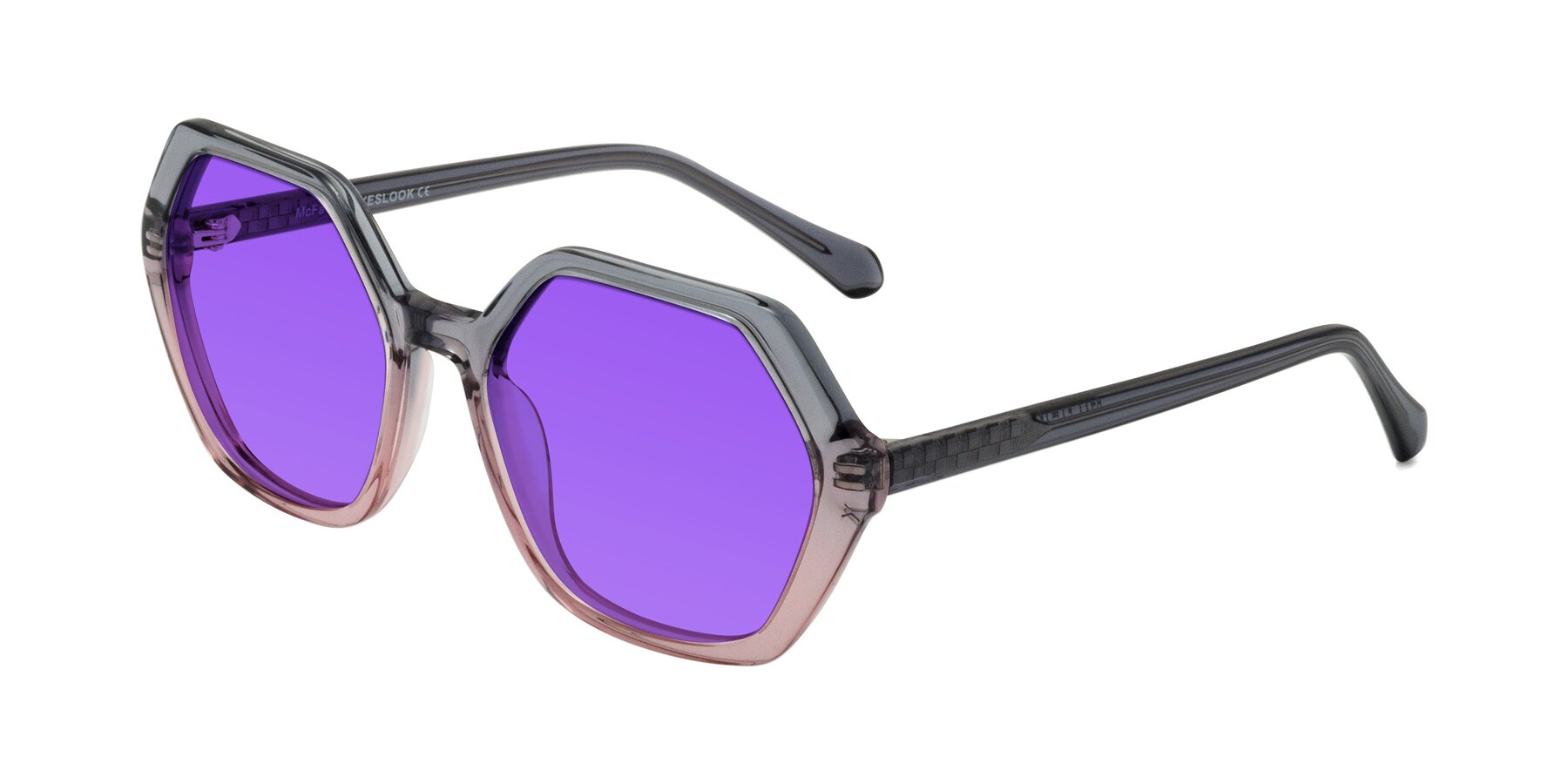 Angle of McFadden in Clear Gray/Clear Pink with Purple Tinted Lenses