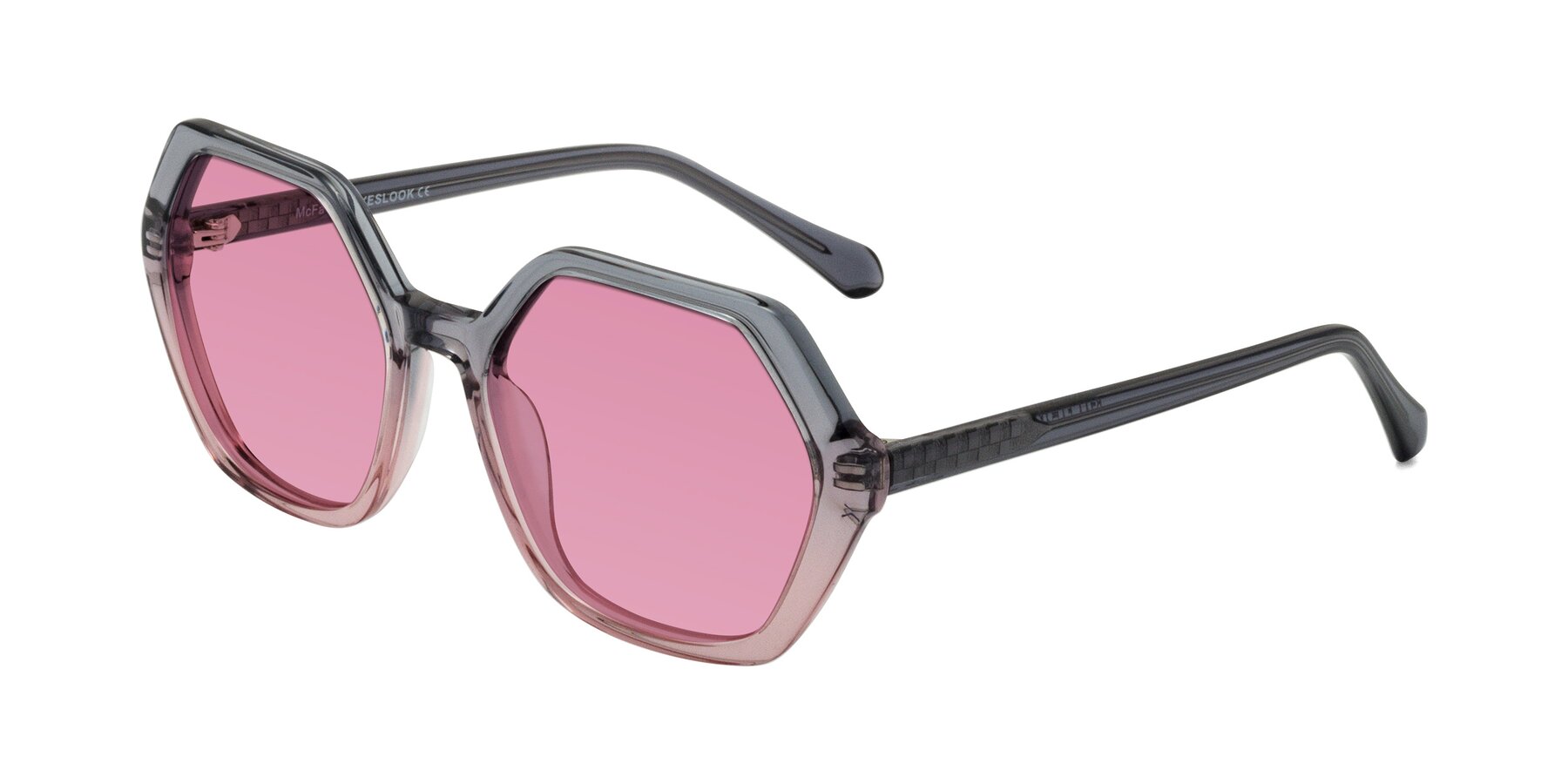 Angle of McFadden in Clear Gray/Clear Pink with Medium Wine Tinted Lenses