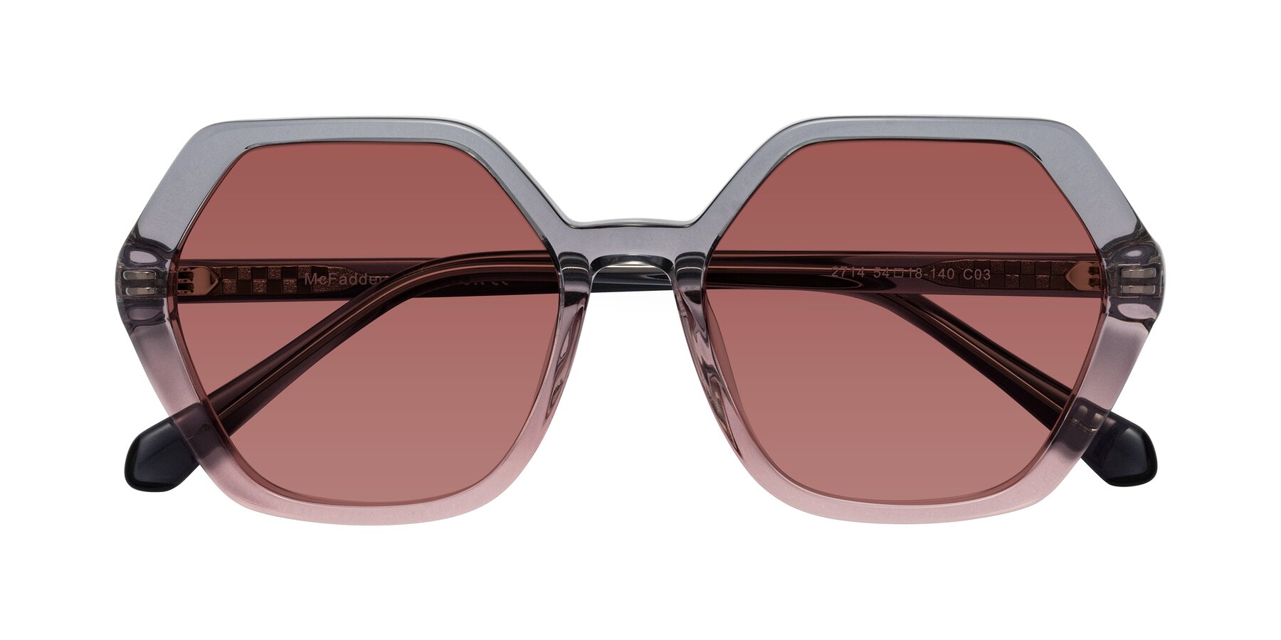 Folded Front of McFadden in Clear Gray/Clear Pink with Garnet Tinted Lenses