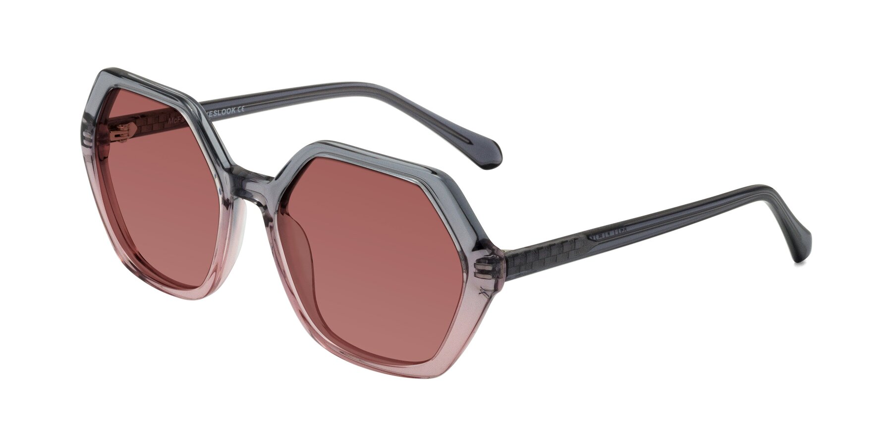 Angle of McFadden in Clear Gray/Clear Pink with Garnet Tinted Lenses