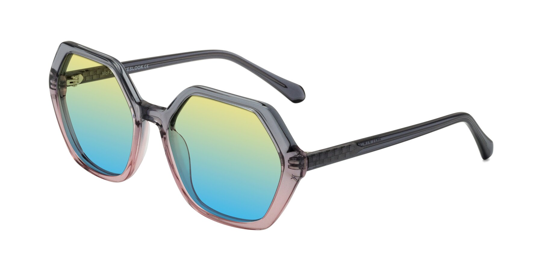 Angle of McFadden in Clear Gray/Clear Pink with Yellow / Blue Gradient Lenses