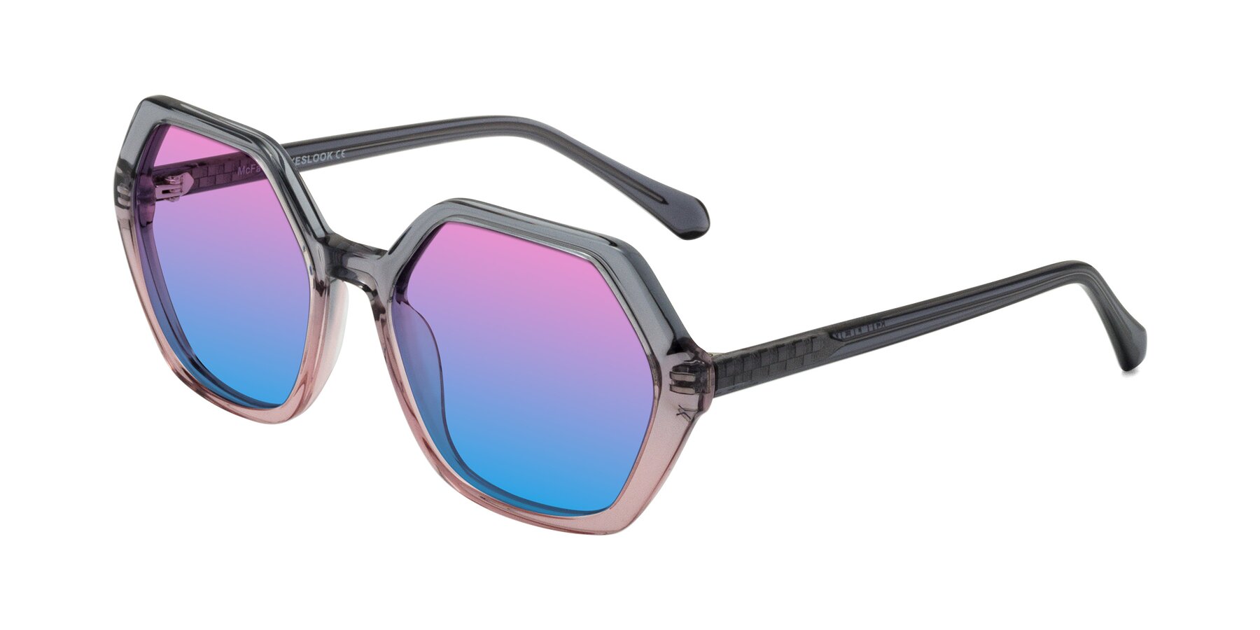 Angle of McFadden in Clear Gray/Clear Pink with Pink / Blue Gradient Lenses