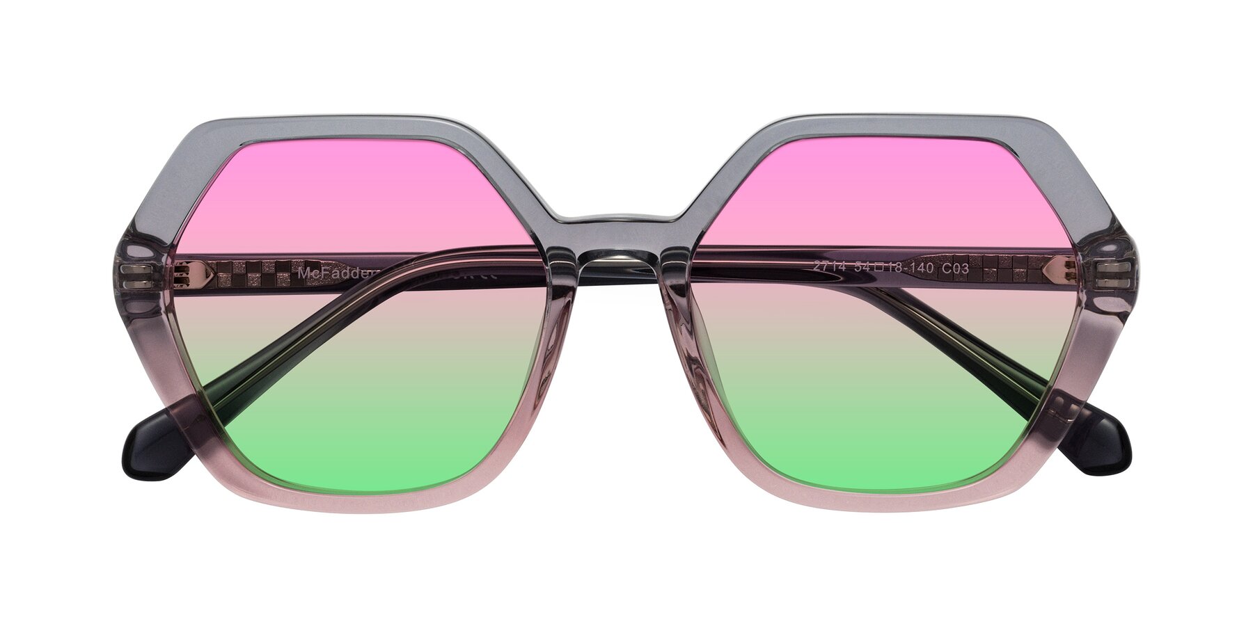 Folded Front of McFadden in Clear Gray/Clear Pink with Pink / Green Gradient Lenses