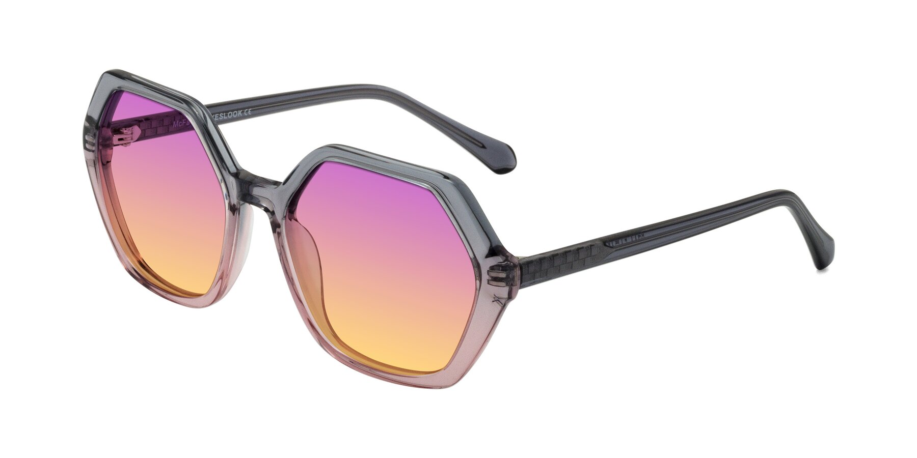 Angle of McFadden in Clear Gray/Clear Pink with Purple / Yellow Gradient Lenses