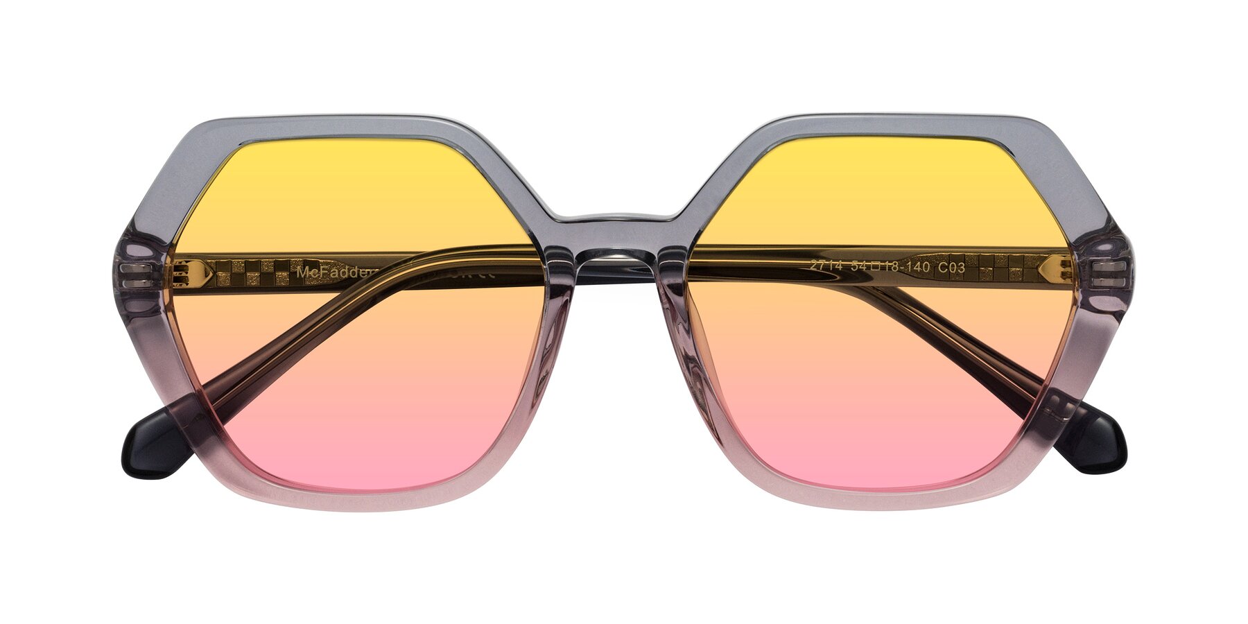 Folded Front of McFadden in Clear Gray/Clear Pink with Yellow / Pink Gradient Lenses