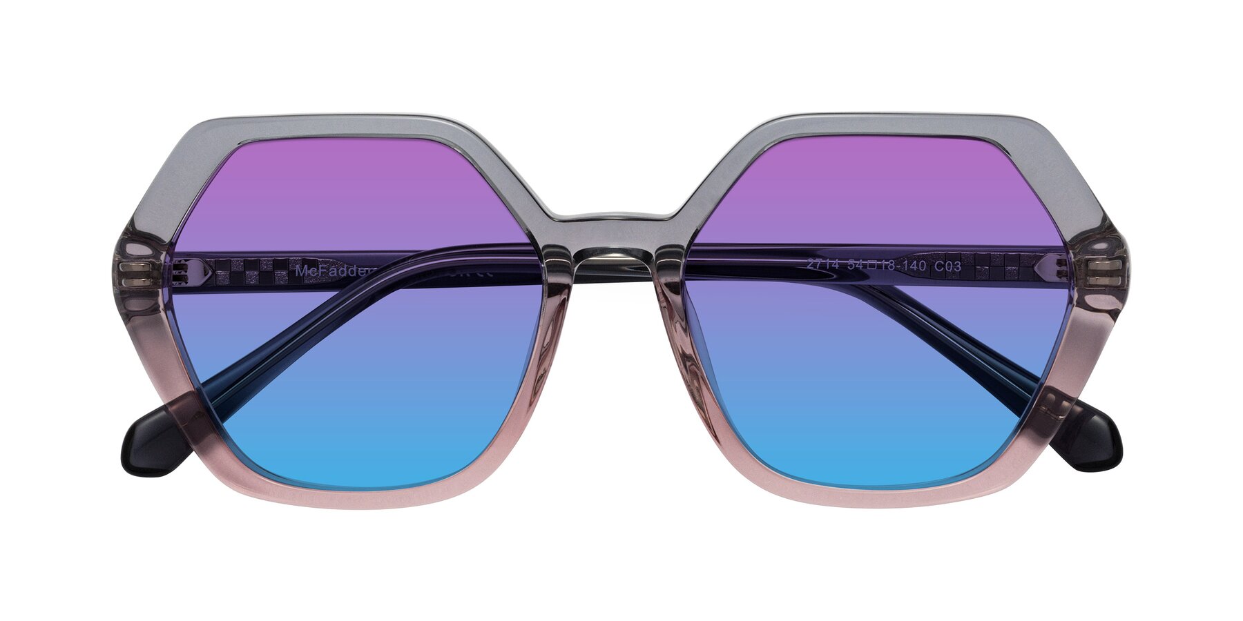Folded Front of McFadden in Clear Gray/Clear Pink with Purple / Blue Gradient Lenses