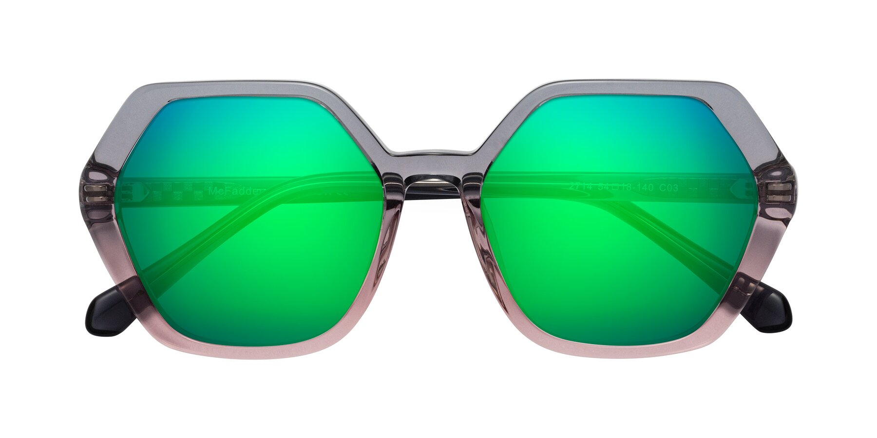 Folded Front of McFadden in Clear Gray/Clear Pink with Green Mirrored Lenses