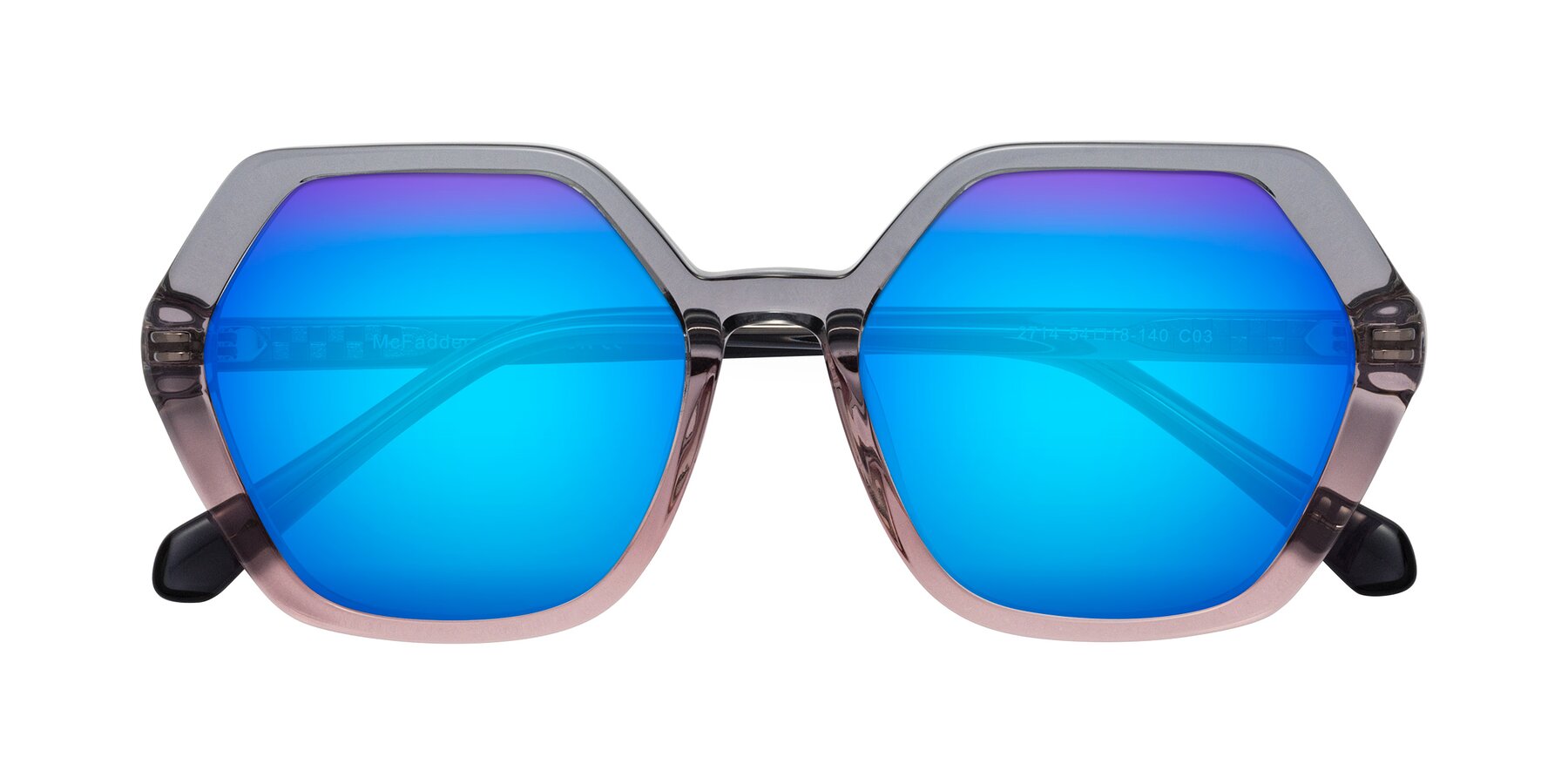 Folded Front of McFadden in Clear Gray/Clear Pink with Blue Mirrored Lenses