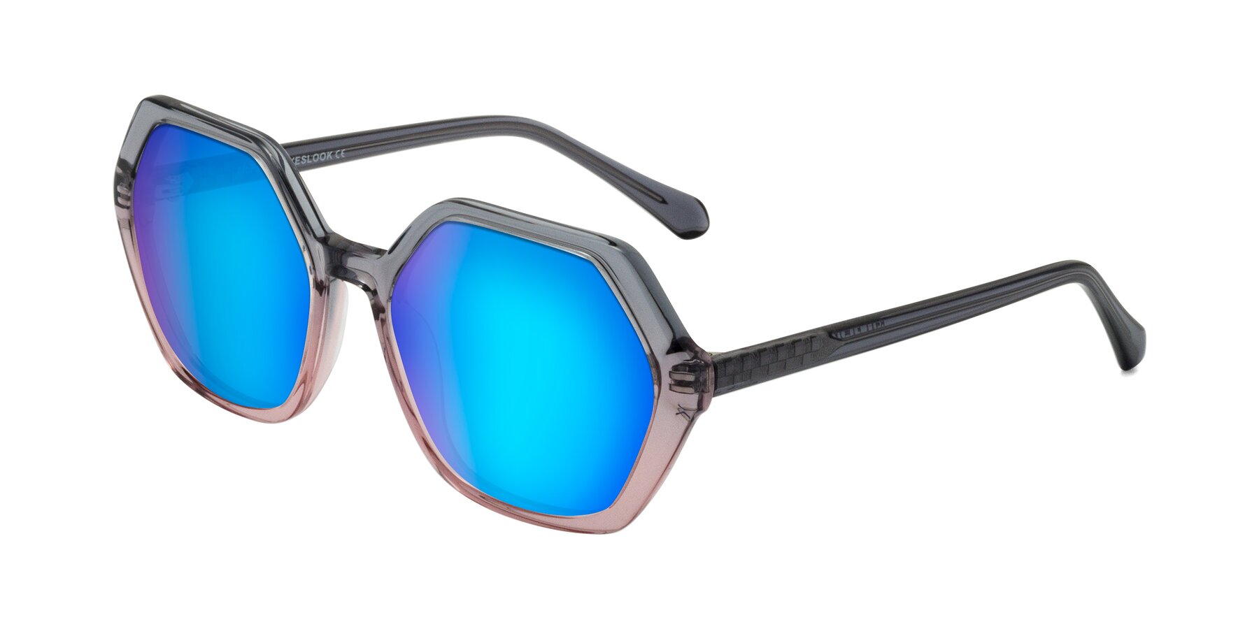 Angle of McFadden in Clear Gray/Clear Pink with Blue Mirrored Lenses