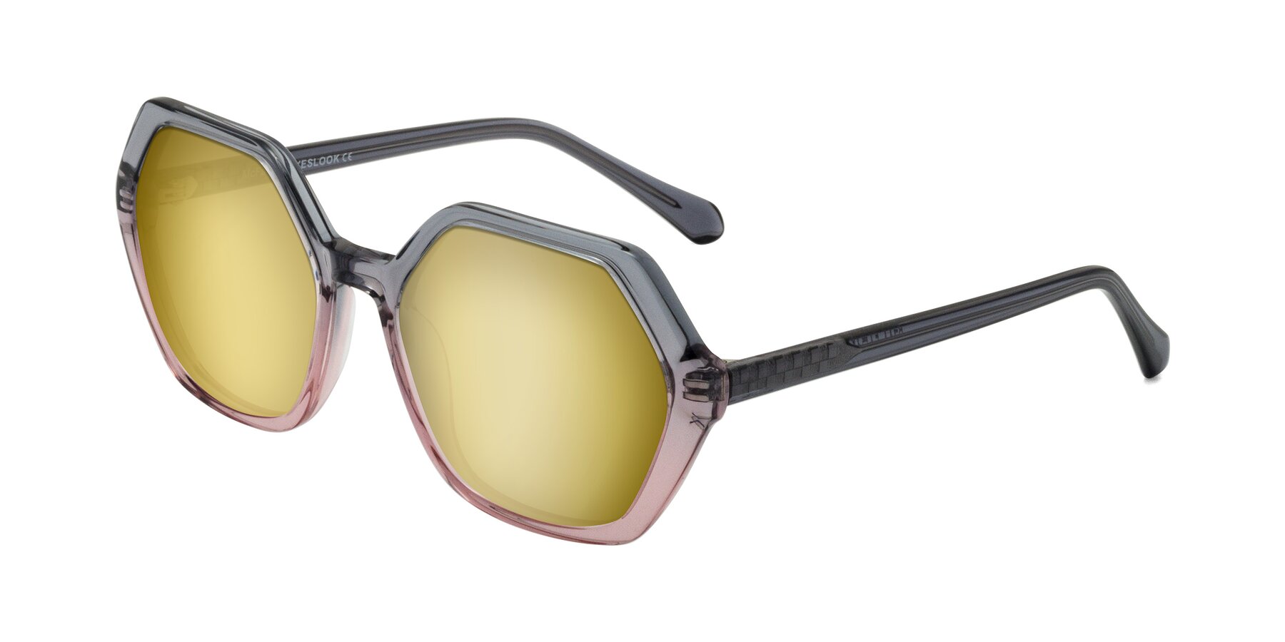 Angle of McFadden in Clear Gray/Clear Pink with Gold Mirrored Lenses