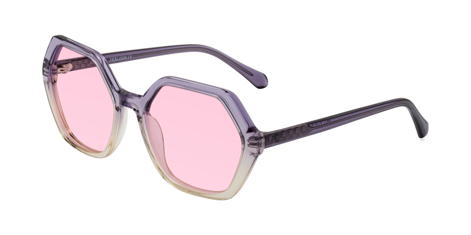 Angle of McFadden in Clear Purple/Champagne with Light Pink Tinted Lenses