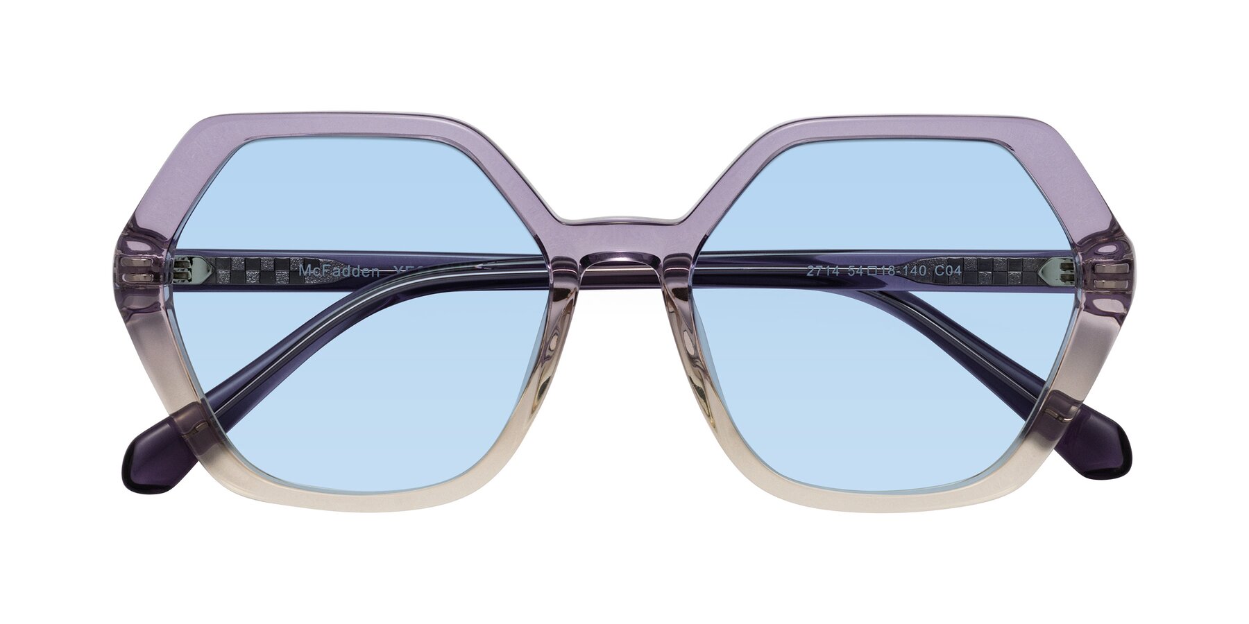 Folded Front of McFadden in Clear Purple/Champagne with Light Blue Tinted Lenses