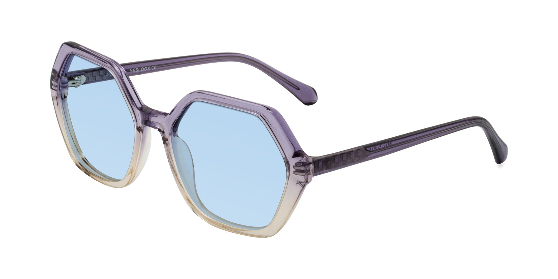 Angle of McFadden in Clear Purple/Champagne with Light Blue Tinted Lenses
