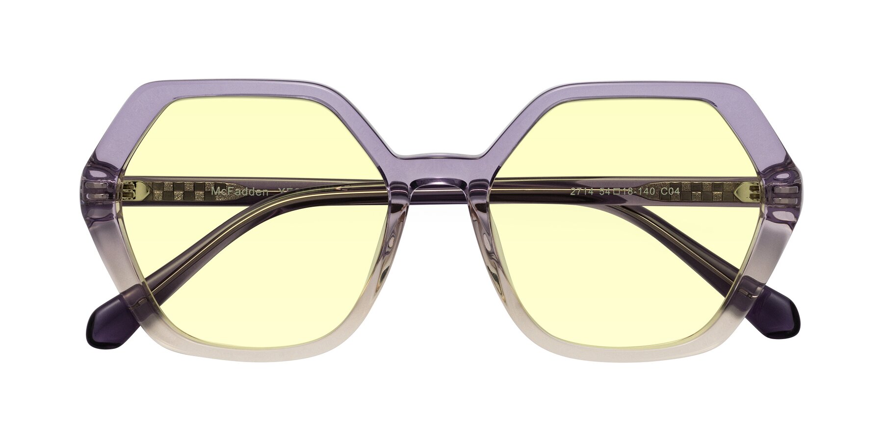 Folded Front of McFadden in Clear Purple/Champagne with Light Yellow Tinted Lenses