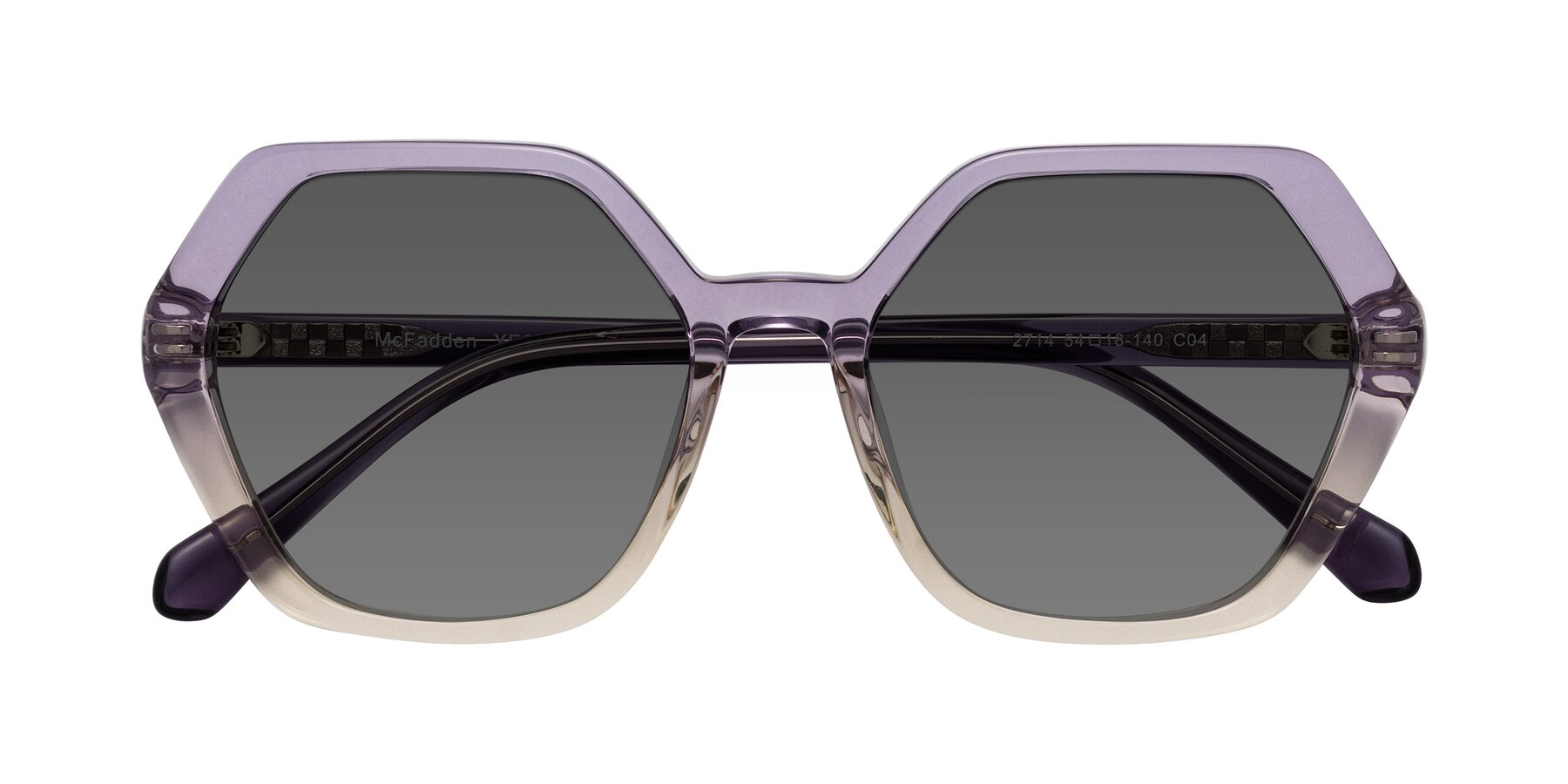 Folded Front of McFadden in Clear Purple/Champagne with Medium Gray Tinted Lenses