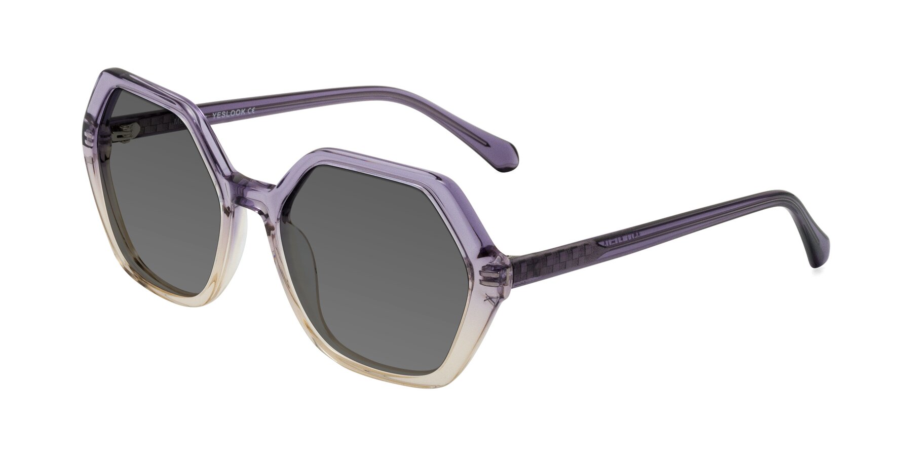 Angle of McFadden in Clear Purple/Champagne with Medium Gray Tinted Lenses