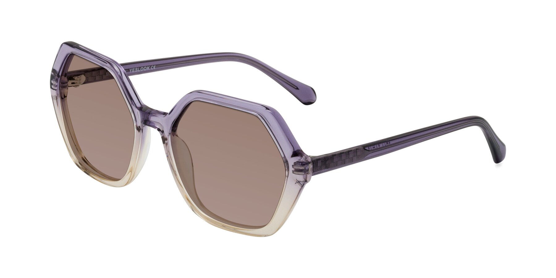 Angle of McFadden in Clear Purple/Champagne with Medium Brown Tinted Lenses