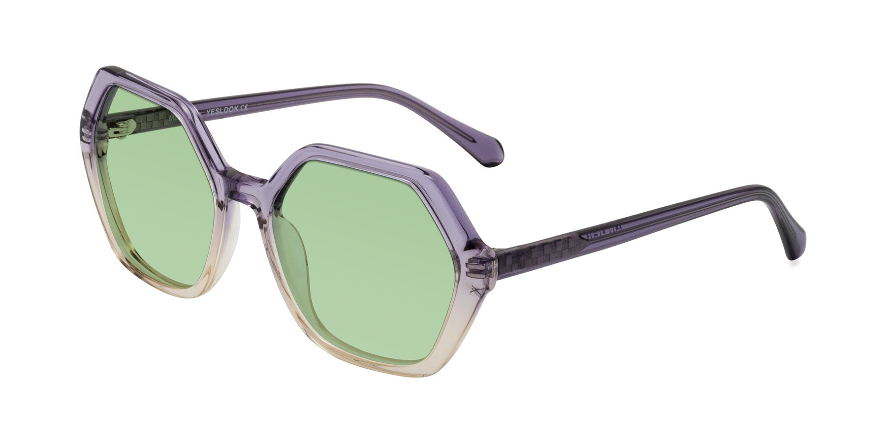 Angle of McFadden in Clear Purple/Champagne with Medium Green Tinted Lenses