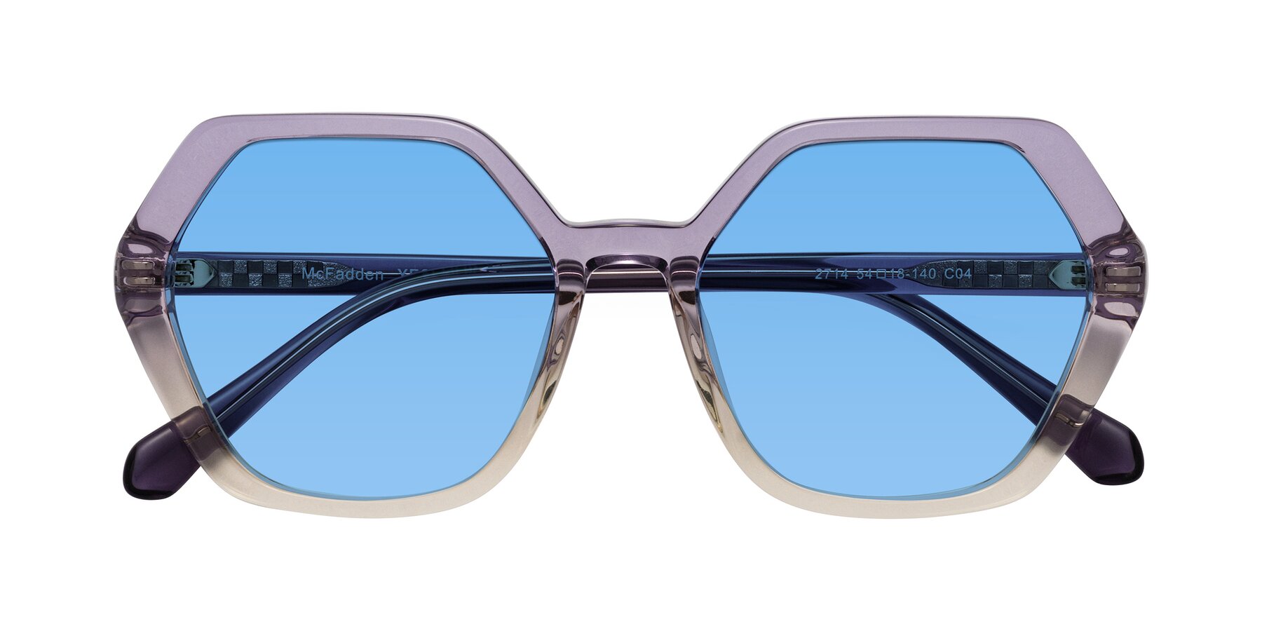 Folded Front of McFadden in Clear Purple/Champagne with Medium Blue Tinted Lenses
