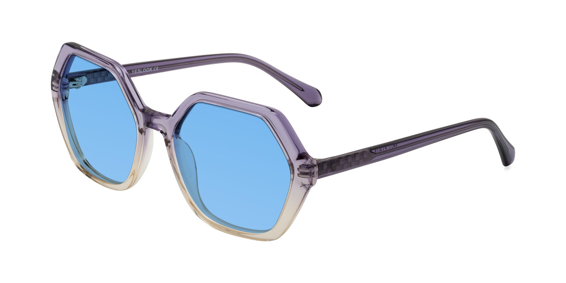 Angle of McFadden in Clear Purple/Champagne with Medium Blue Tinted Lenses