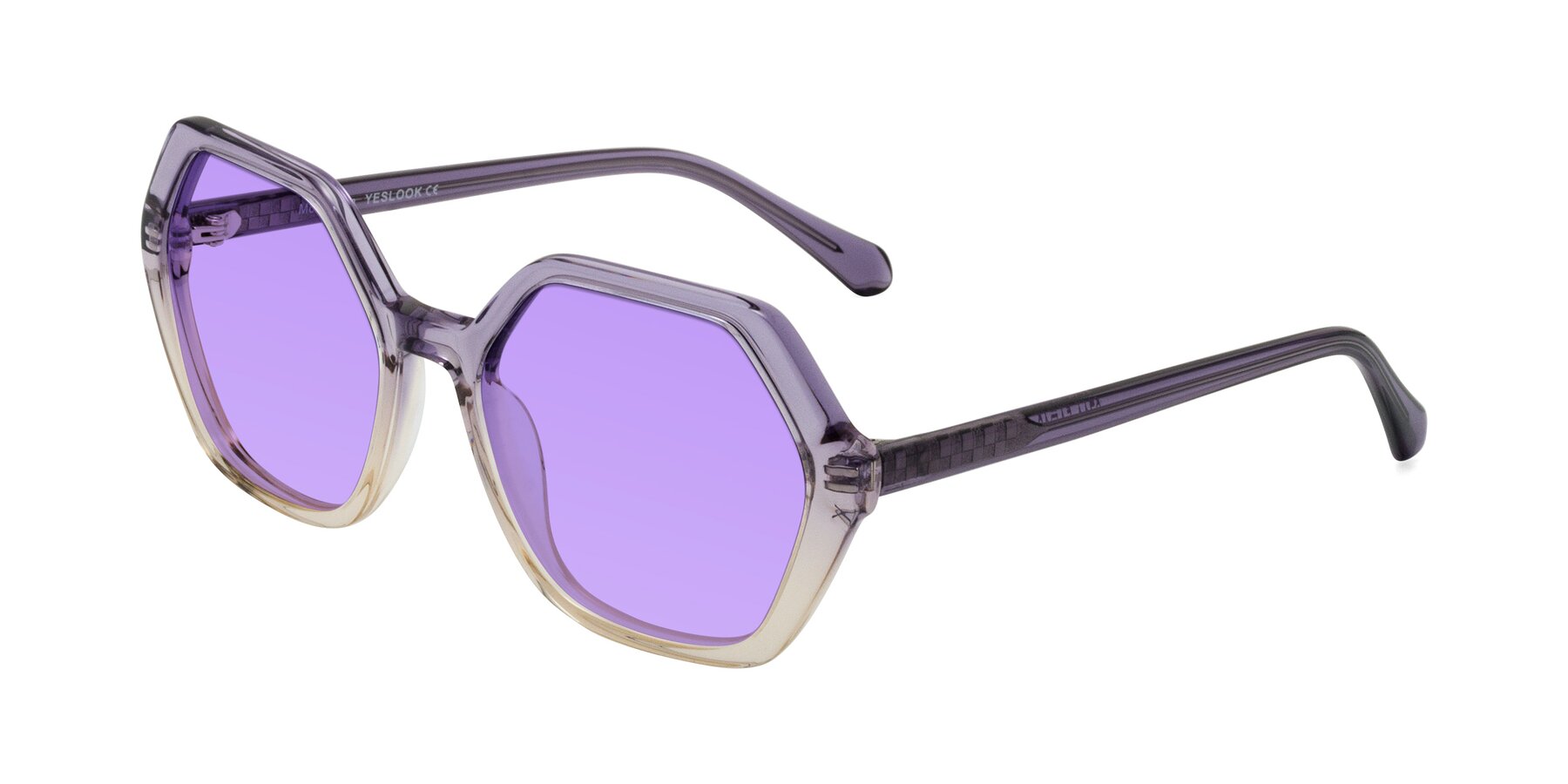 Angle of McFadden in Clear Purple/Champagne with Medium Purple Tinted Lenses