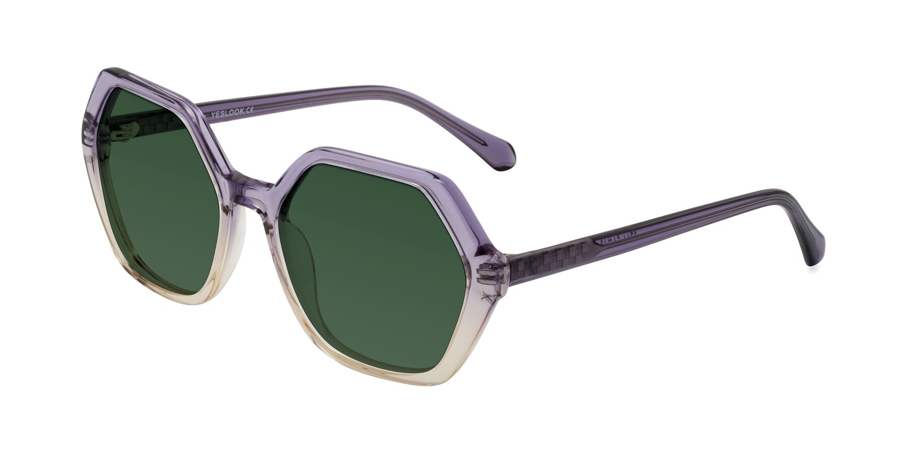 Angle of McFadden in Clear Purple/Champagne with Green Tinted Lenses
