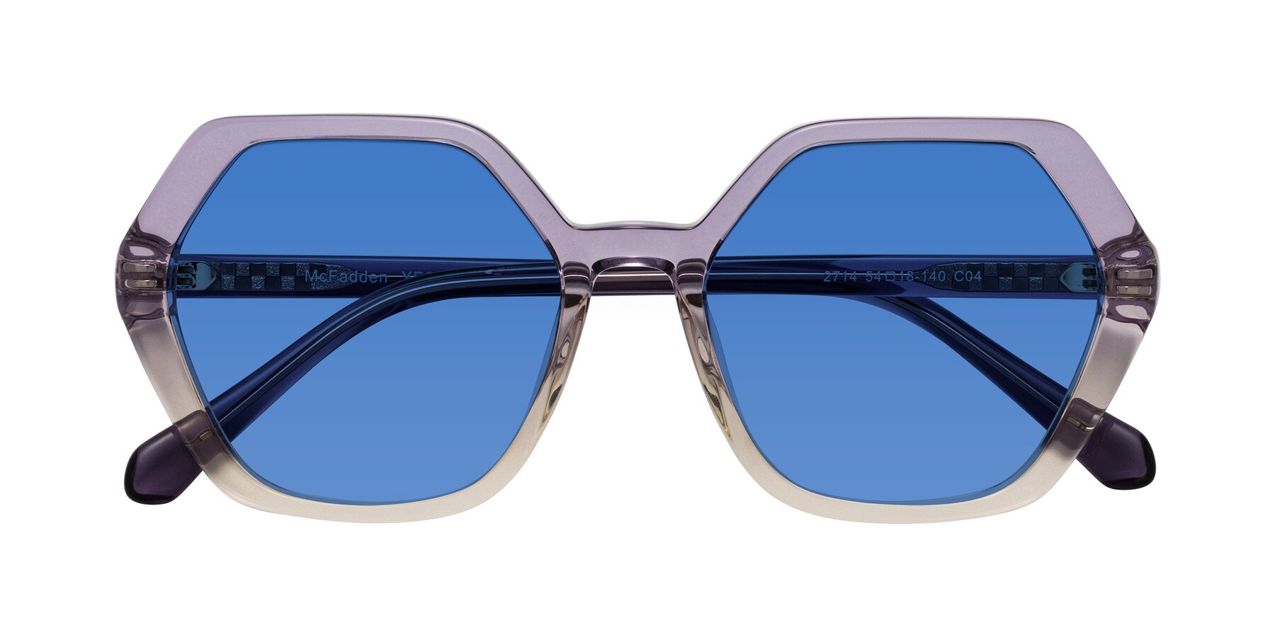 Folded Front of McFadden in Clear Purple/Champagne with Blue Tinted Lenses
