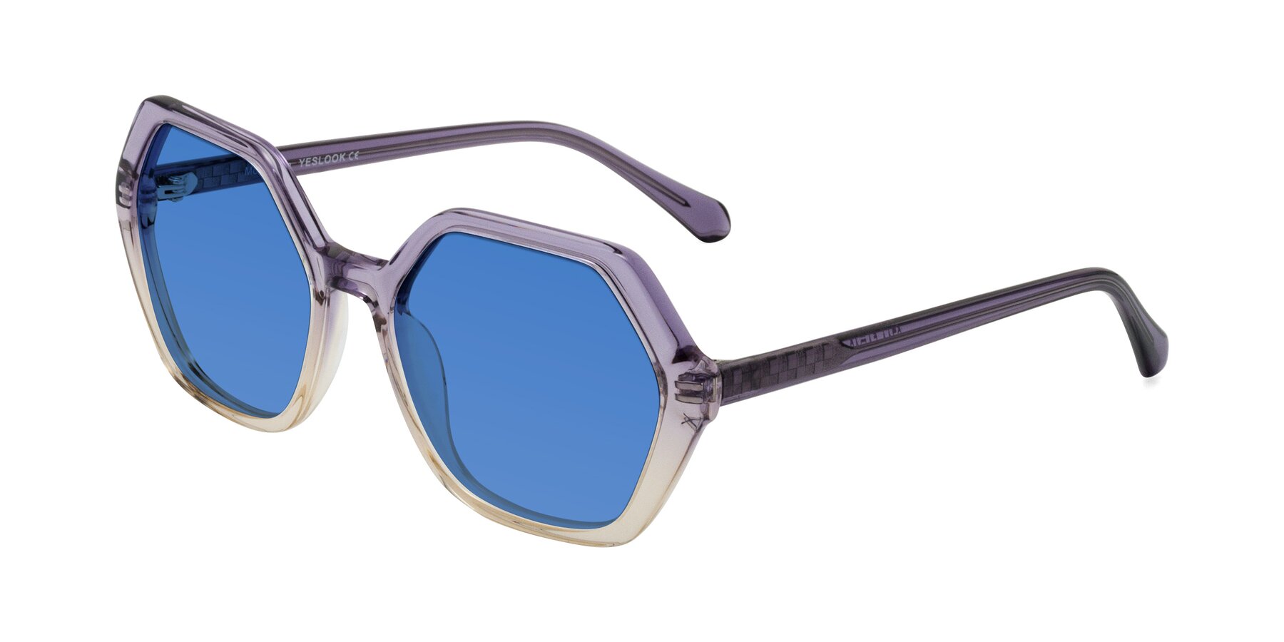 Angle of McFadden in Clear Purple/Champagne with Blue Tinted Lenses