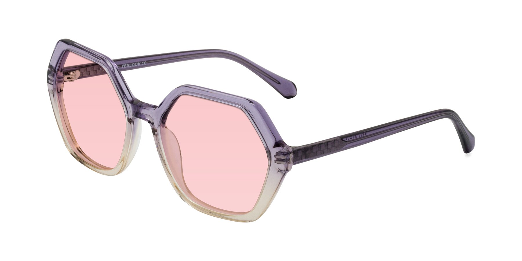 Angle of McFadden in Clear Purple/Champagne with Light Garnet Tinted Lenses