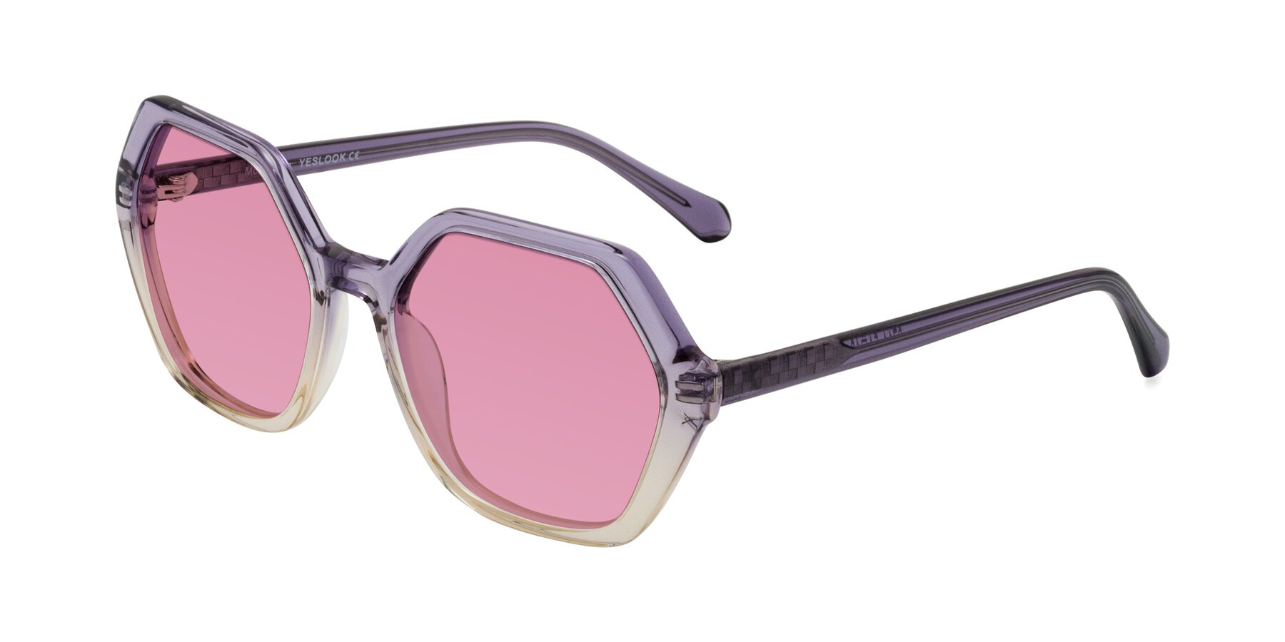 Angle of McFadden in Clear Purple/Champagne with Medium Wine Tinted Lenses