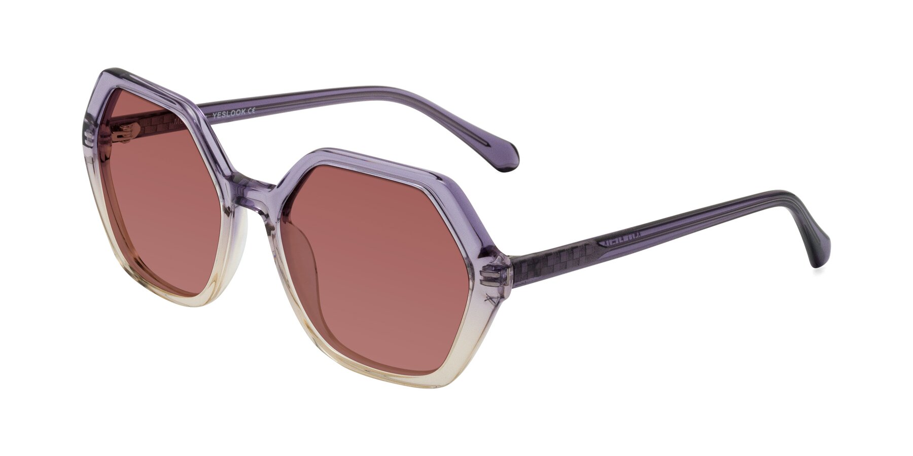 Angle of McFadden in Clear Purple/Champagne with Garnet Tinted Lenses