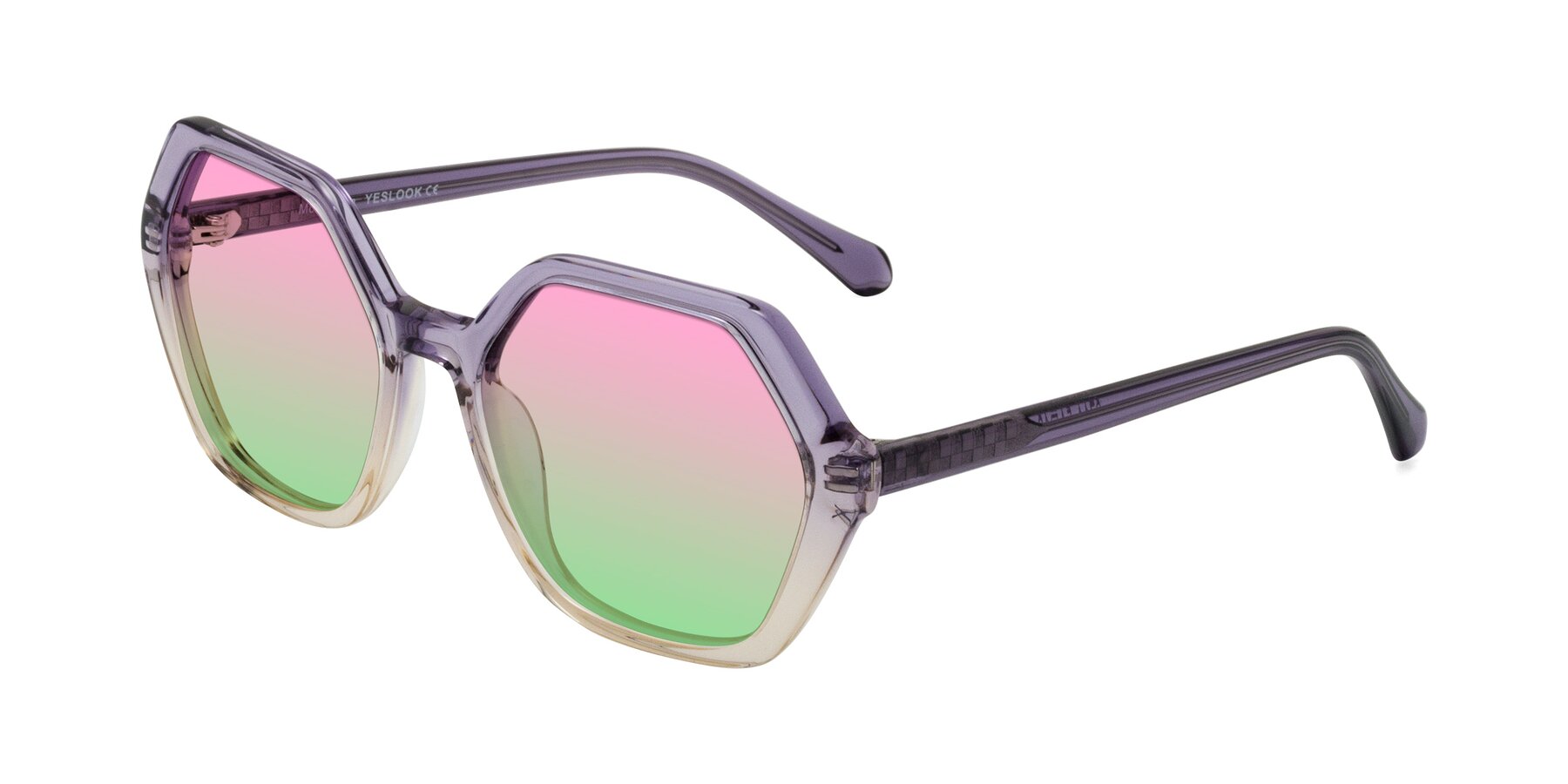 Angle of McFadden in Clear Purple/Champagne with Pink / Green Gradient Lenses