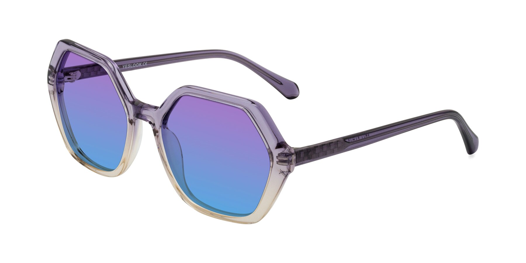 Angle of McFadden in Clear Purple/Champagne with Purple / Blue Gradient Lenses