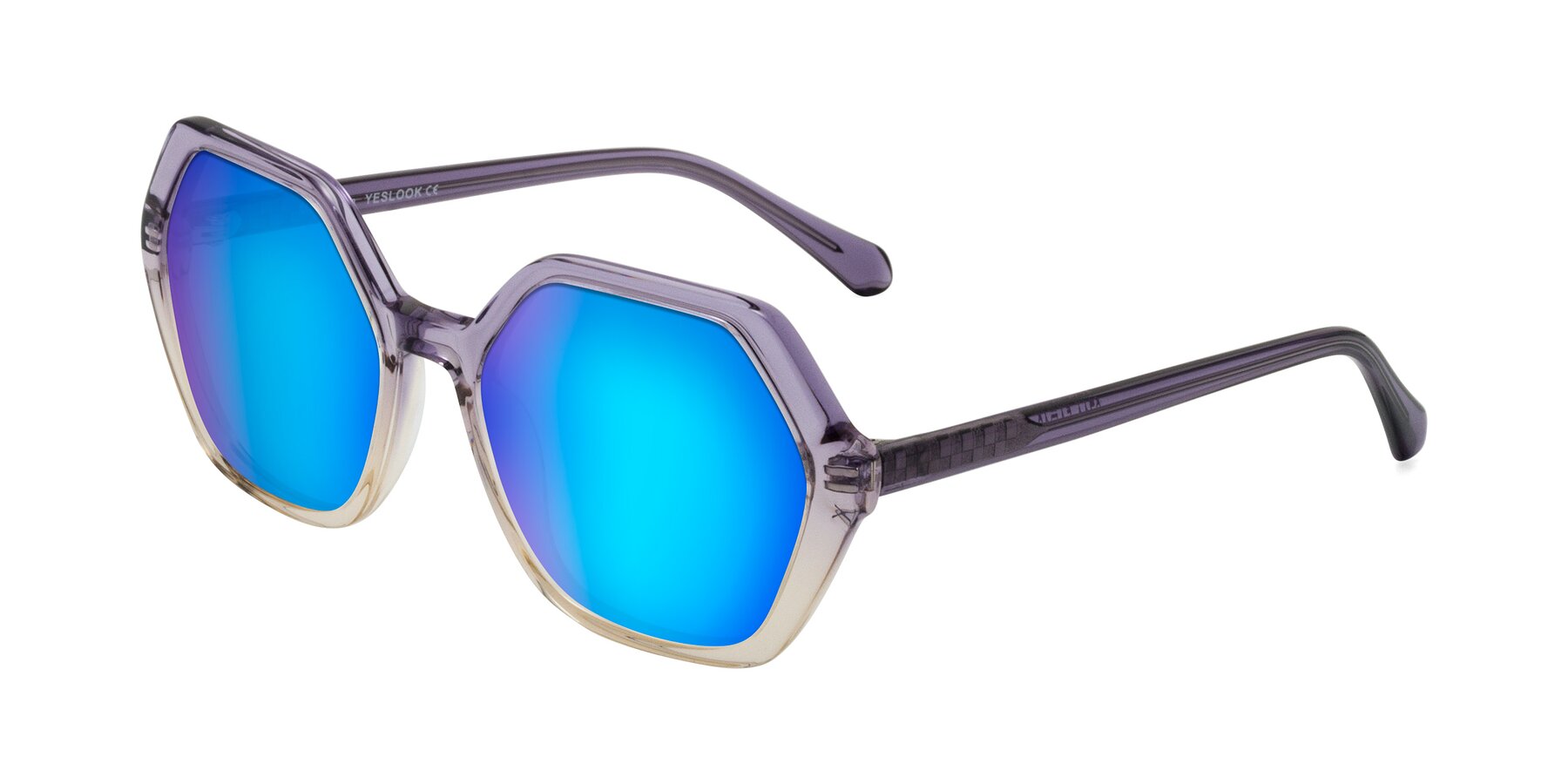 Angle of McFadden in Clear Purple/Champagne with Blue Mirrored Lenses