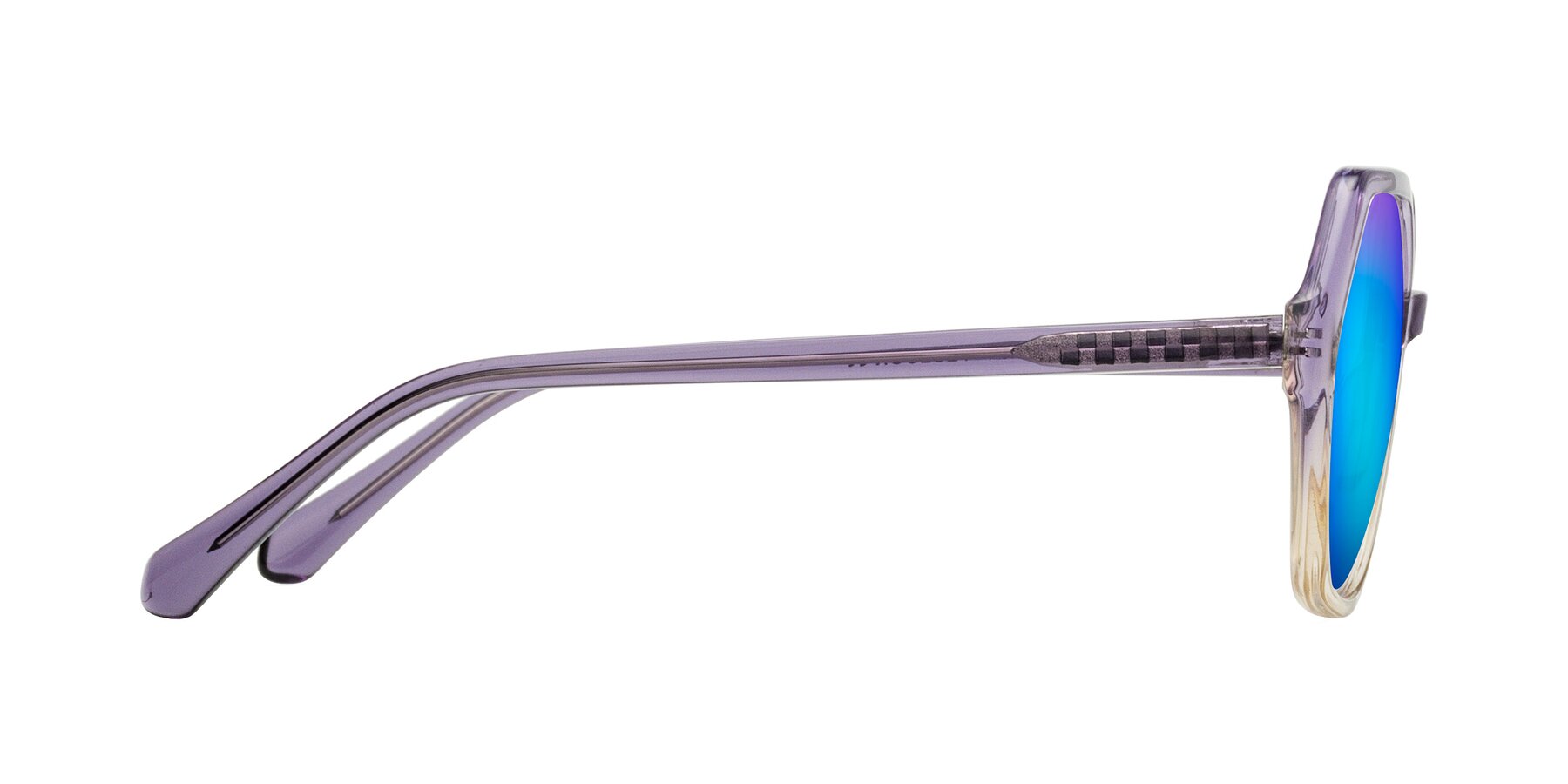 Side of McFadden in Clear Purple/Champagne with Blue Mirrored Lenses