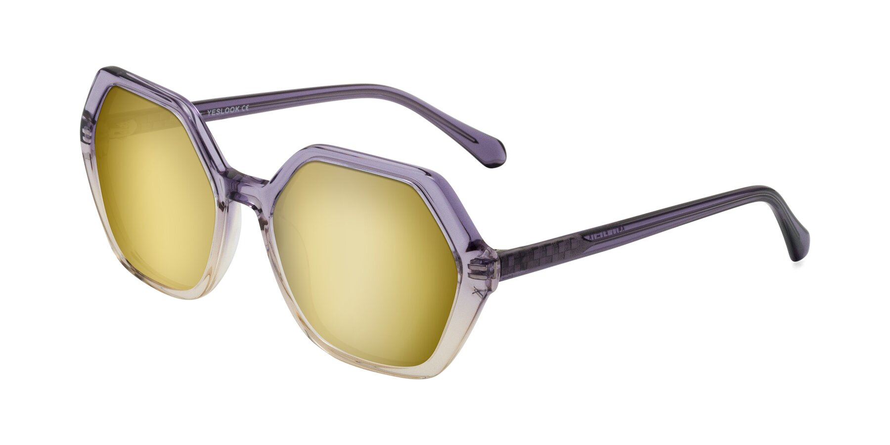 Angle of McFadden in Clear Purple/Champagne with Gold Mirrored Lenses
