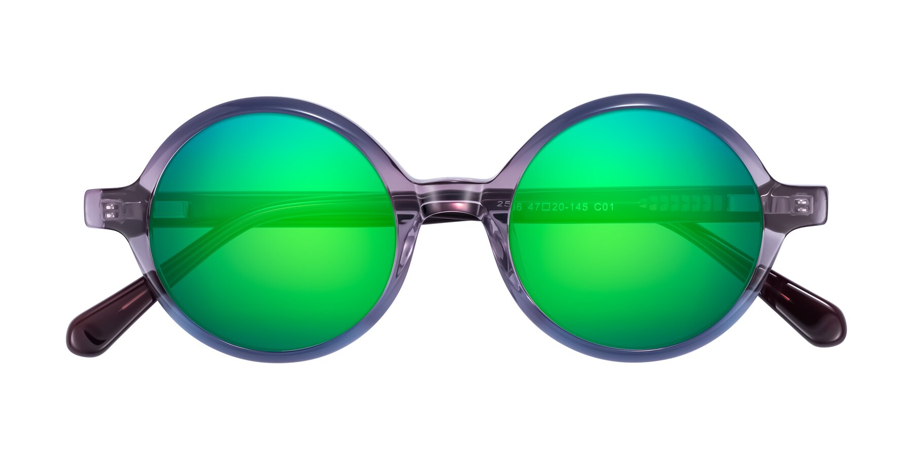 Folded Front of Serene in Faded Purple with Green Mirrored Lenses