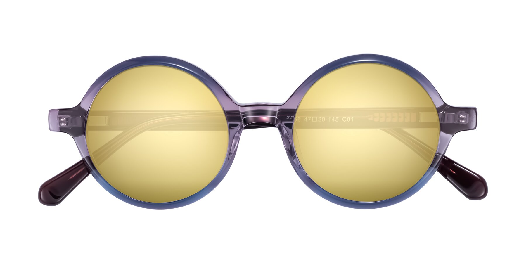 Folded Front of Serene in Faded Purple with Gold Mirrored Lenses