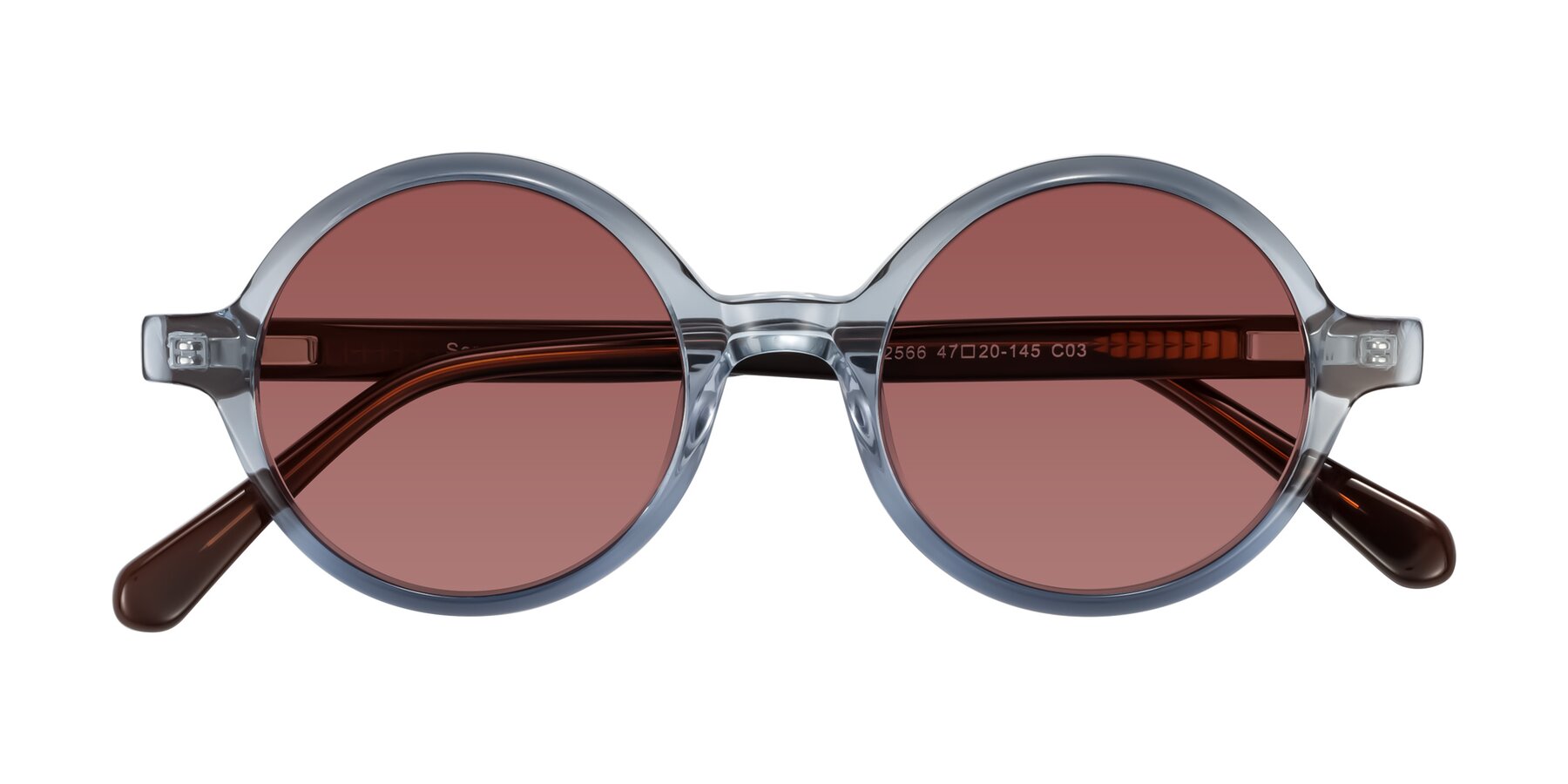 Folded Front of Serene in Faded Blue with Garnet Tinted Lenses
