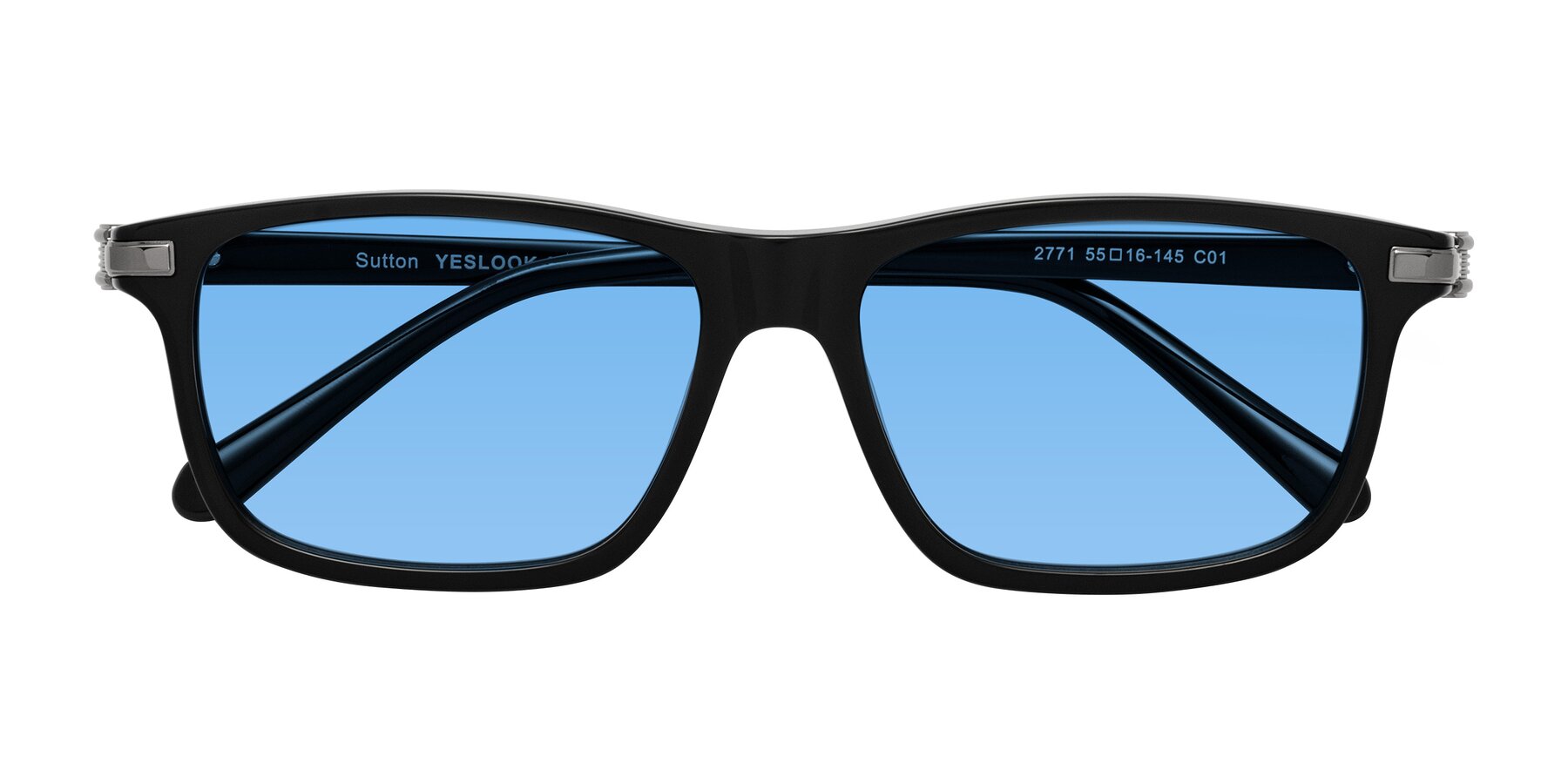 Folded Front of Sutton in Black with Medium Blue Tinted Lenses