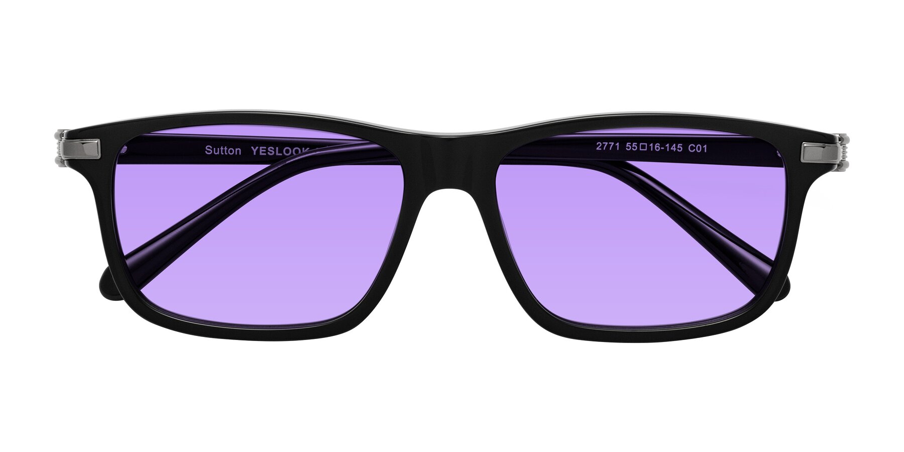 Folded Front of Sutton in Black with Medium Purple Tinted Lenses
