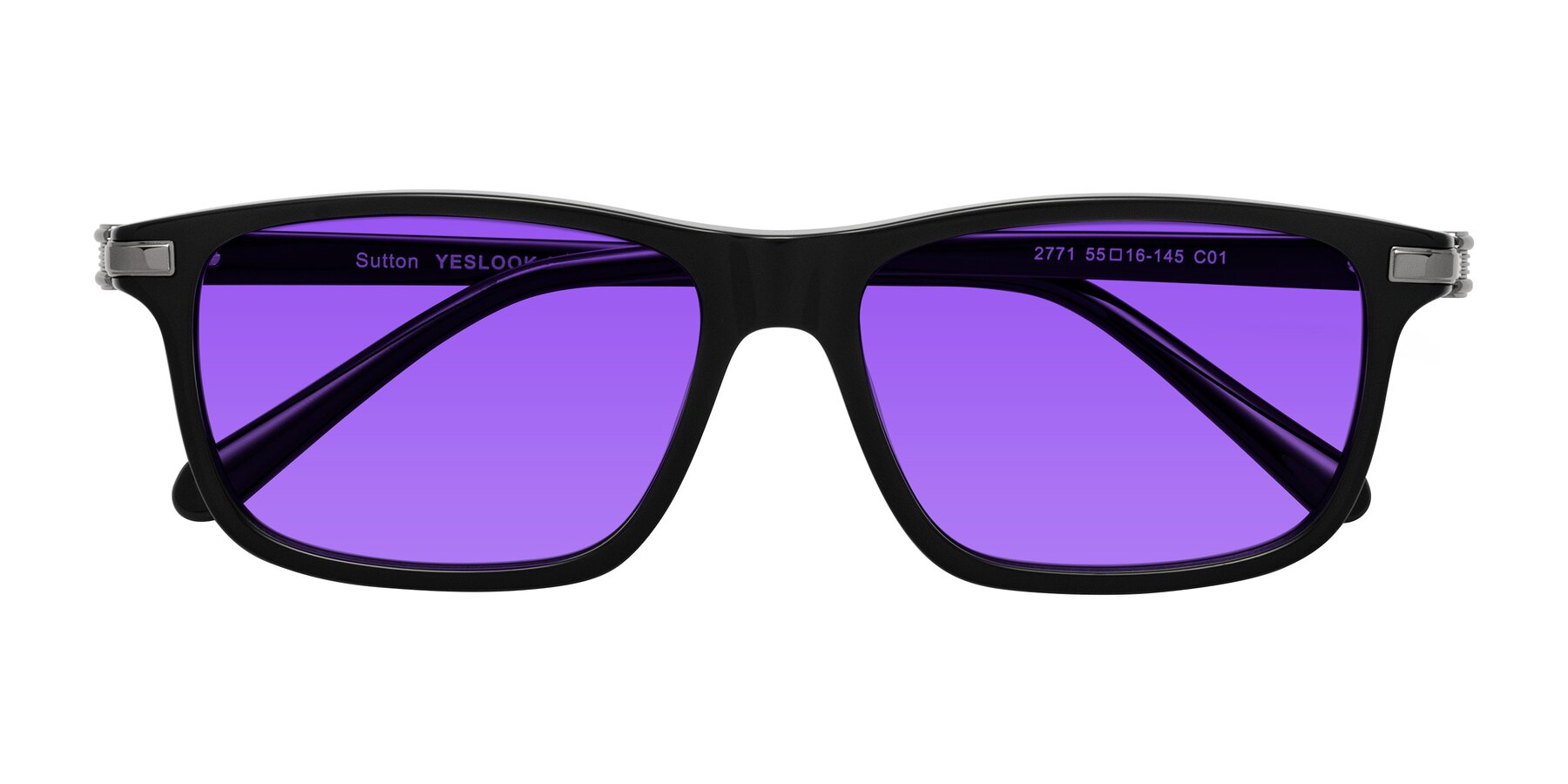 Folded Front of Sutton in Black with Purple Tinted Lenses