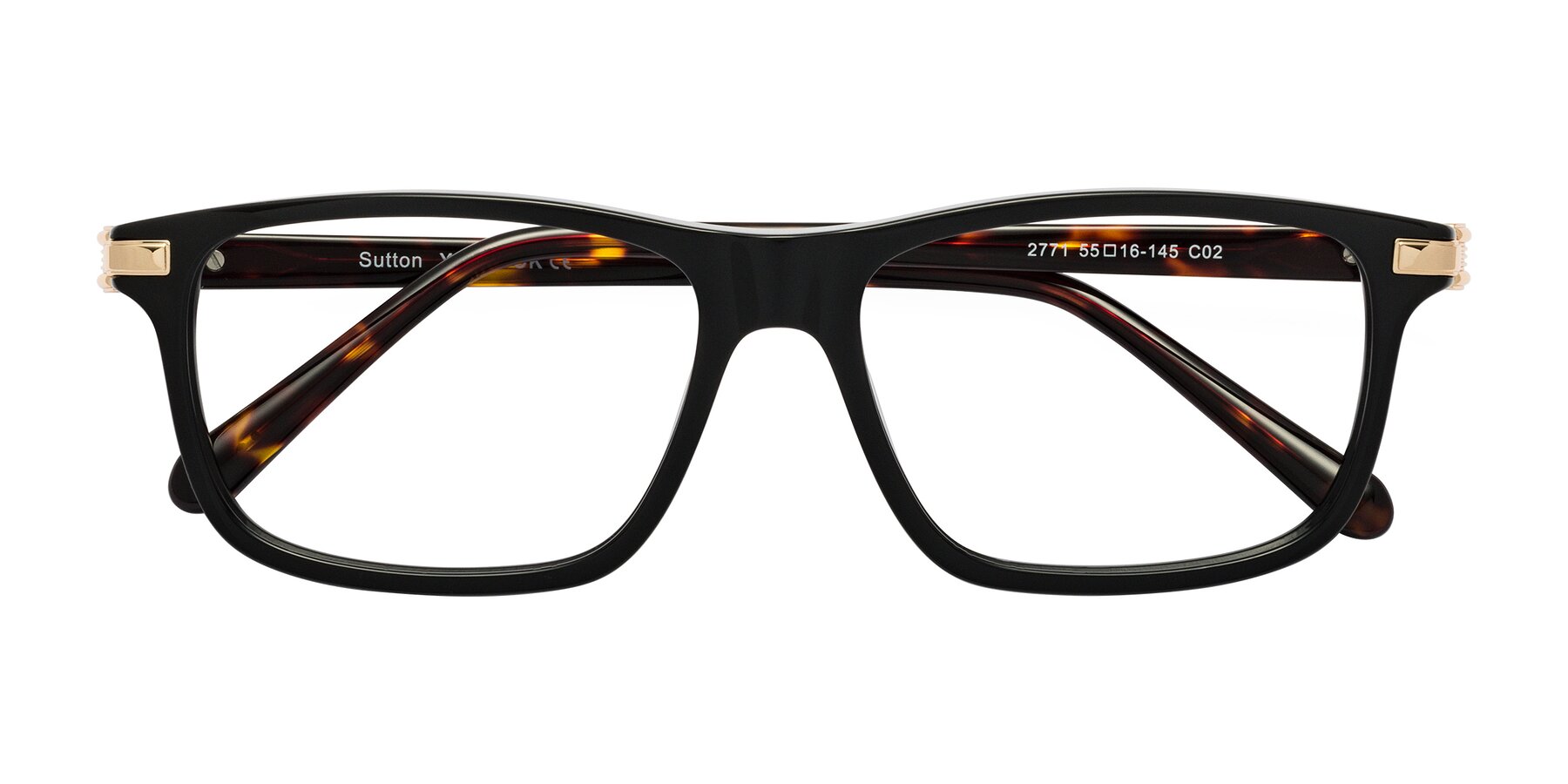 Folded Front of Sutton in Black/Tortoise with Clear Eyeglass Lenses