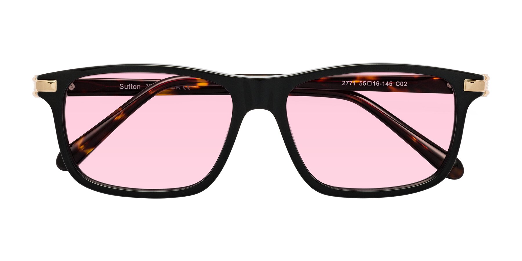 Folded Front of Sutton in Black/Tortoise with Light Pink Tinted Lenses