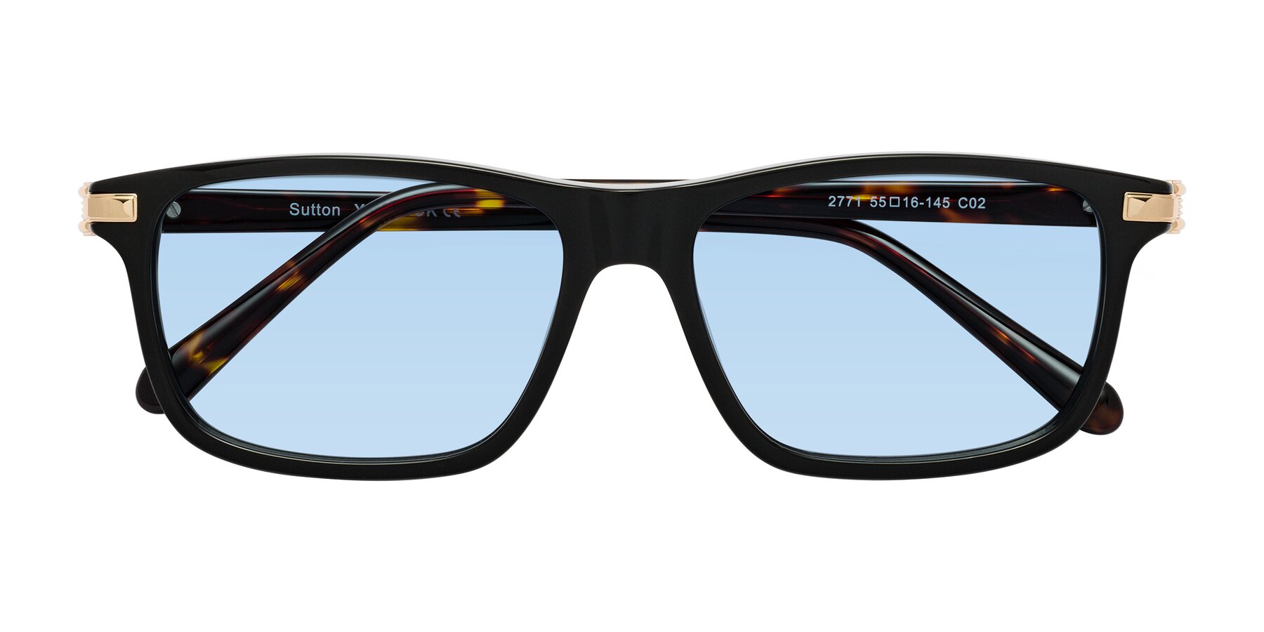 Folded Front of Sutton in Black/Tortoise with Light Blue Tinted Lenses